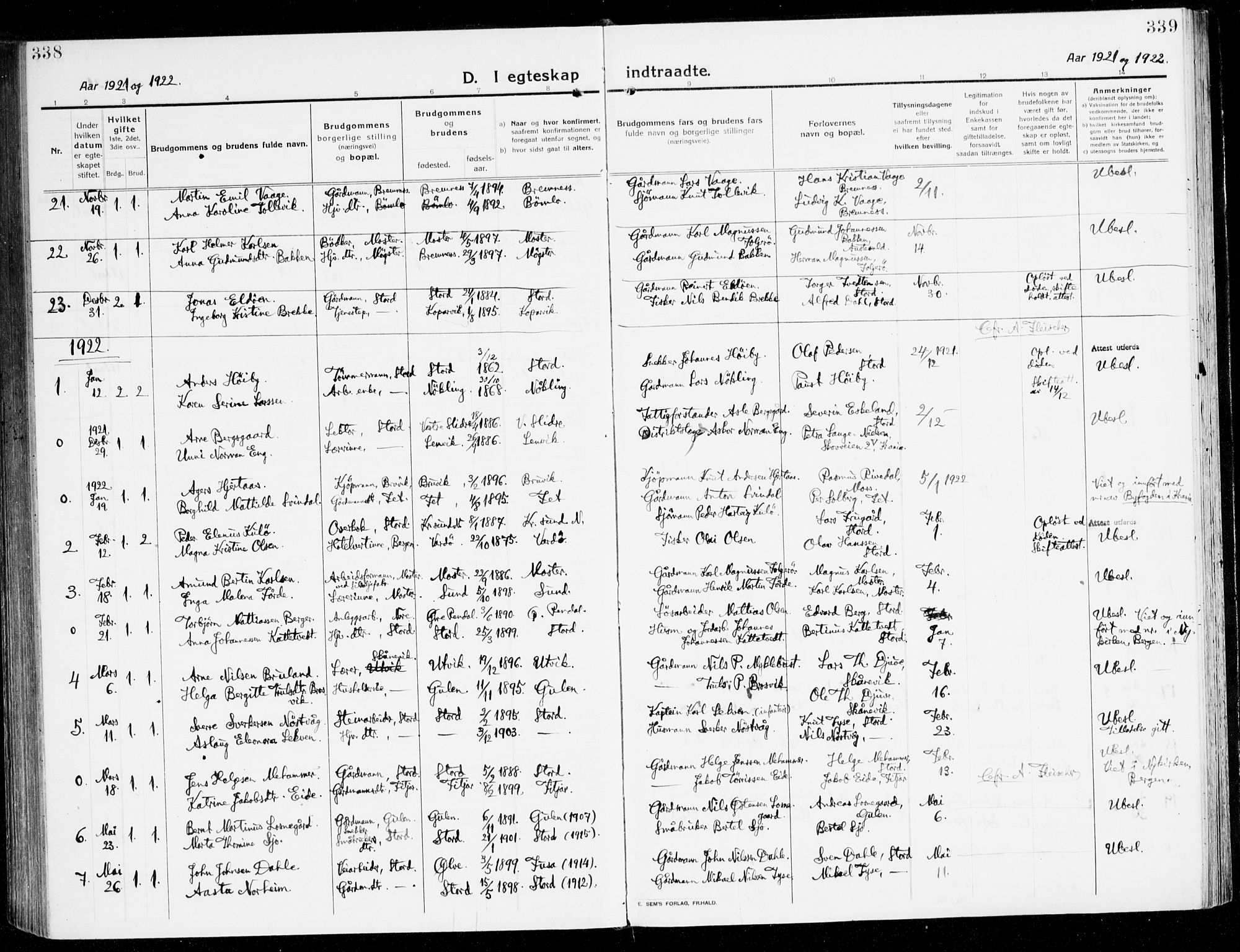 Stord sokneprestembete, SAB/A-78201/H/Haa: Parish register (official) no. B 3, 1913-1925, p. 338-339