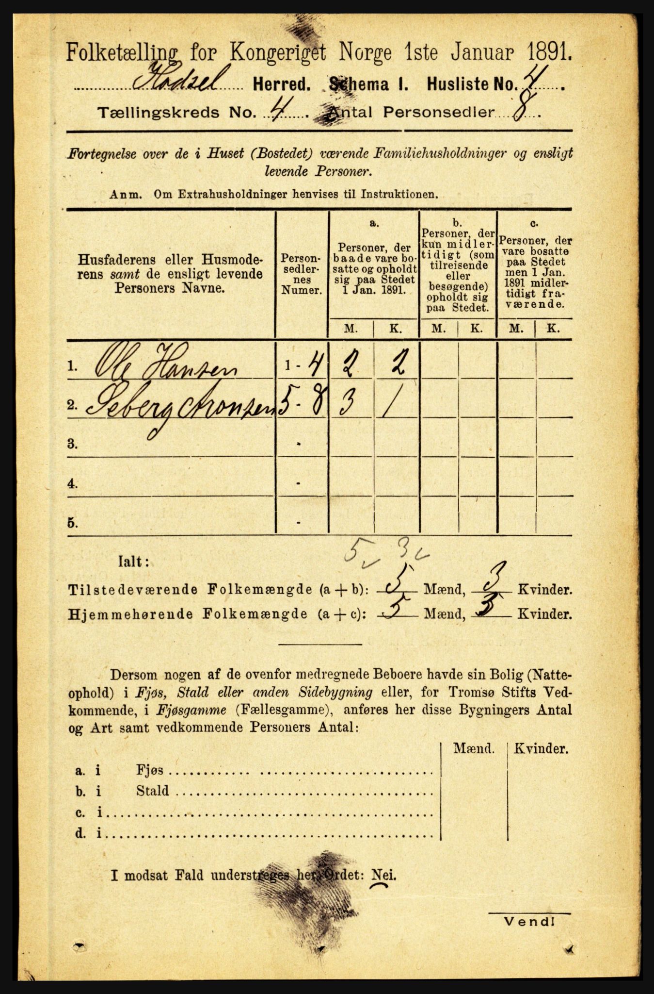 RA, 1891 census for 1866 Hadsel, 1891, p. 1658