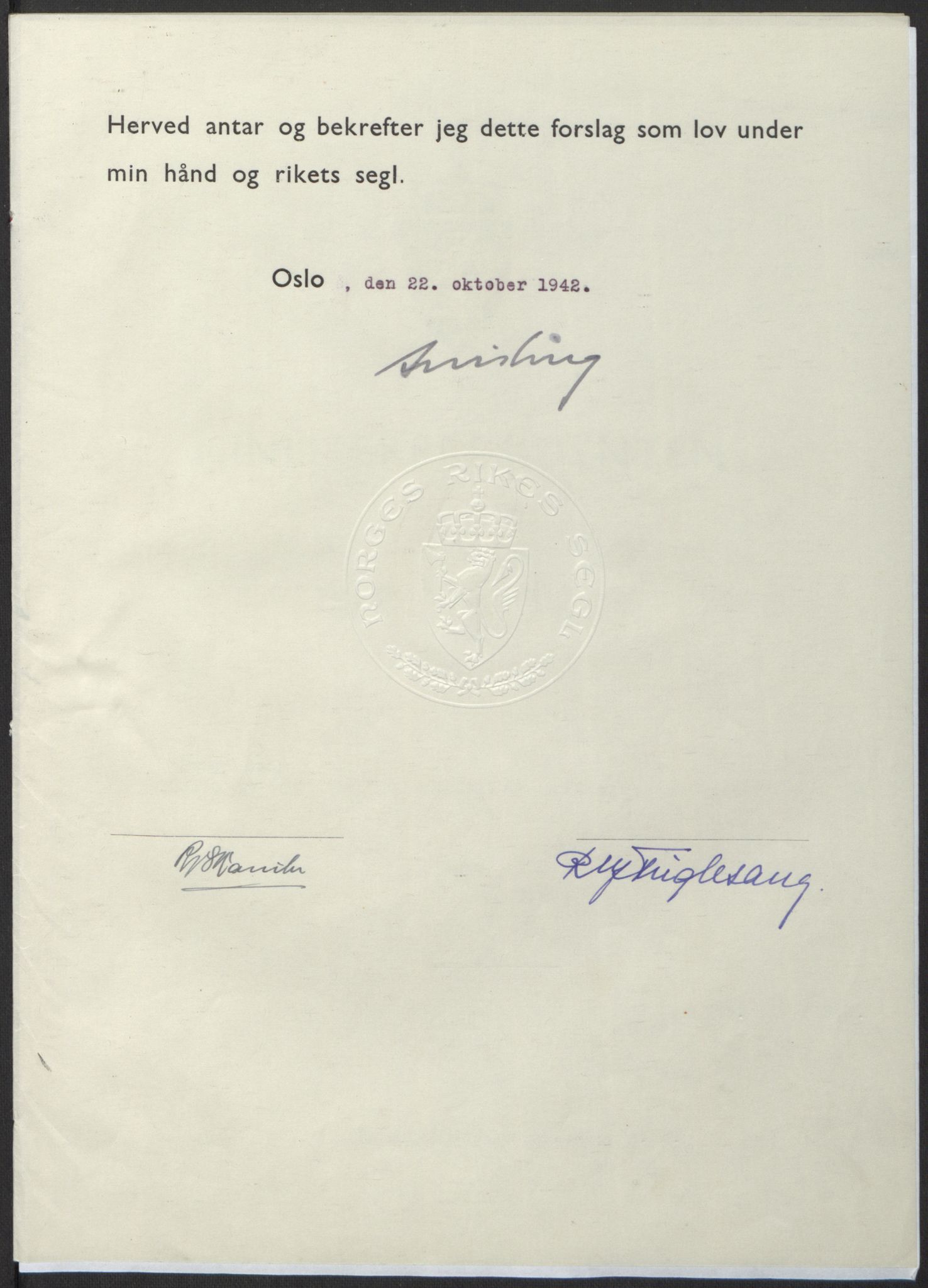 NS-administrasjonen 1940-1945 (Statsrådsekretariatet, de kommisariske statsråder mm), RA/S-4279/D/Db/L0098: Lover II, 1942, p. 465