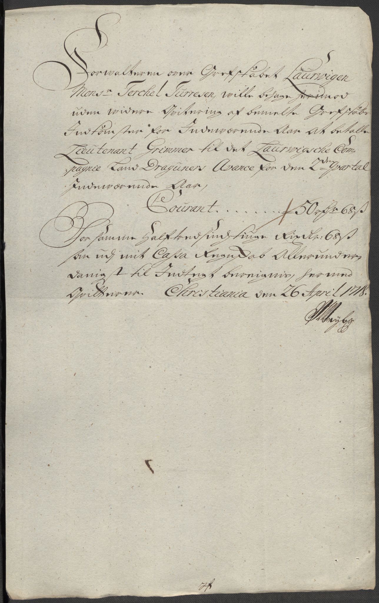 Rentekammeret inntil 1814, Reviderte regnskaper, Fogderegnskap, RA/EA-4092/R33/L1988: Fogderegnskap Larvik grevskap, 1718, p. 261
