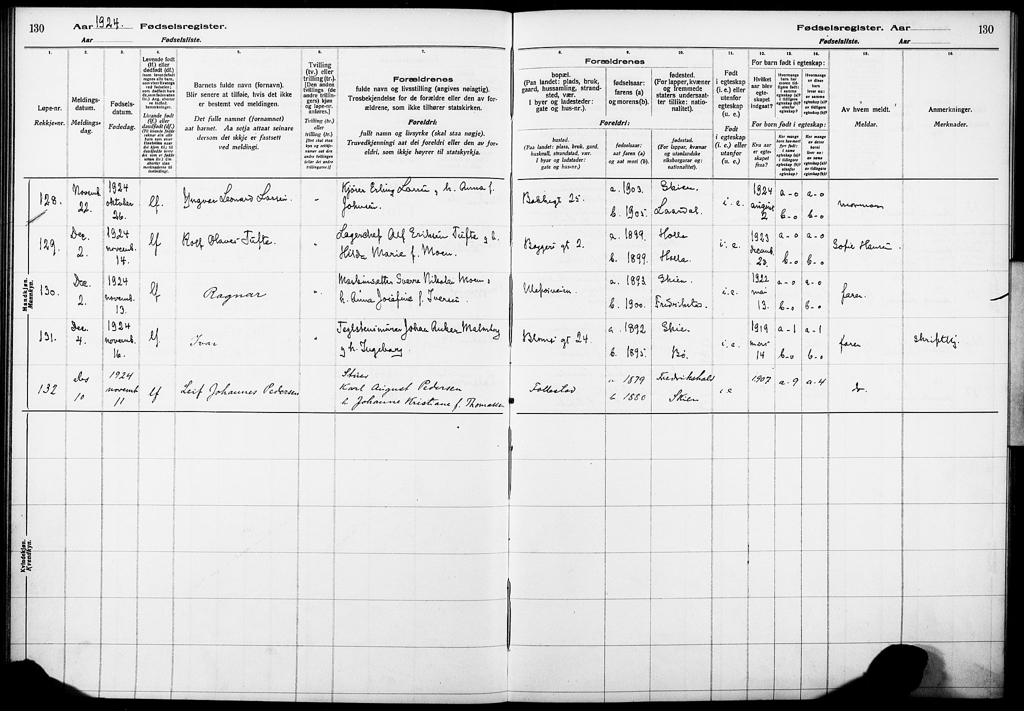 Skien kirkebøker, AV/SAKO-A-302/J/Ja/L0002: Birth register no. 2, 1921-1927, p. 130