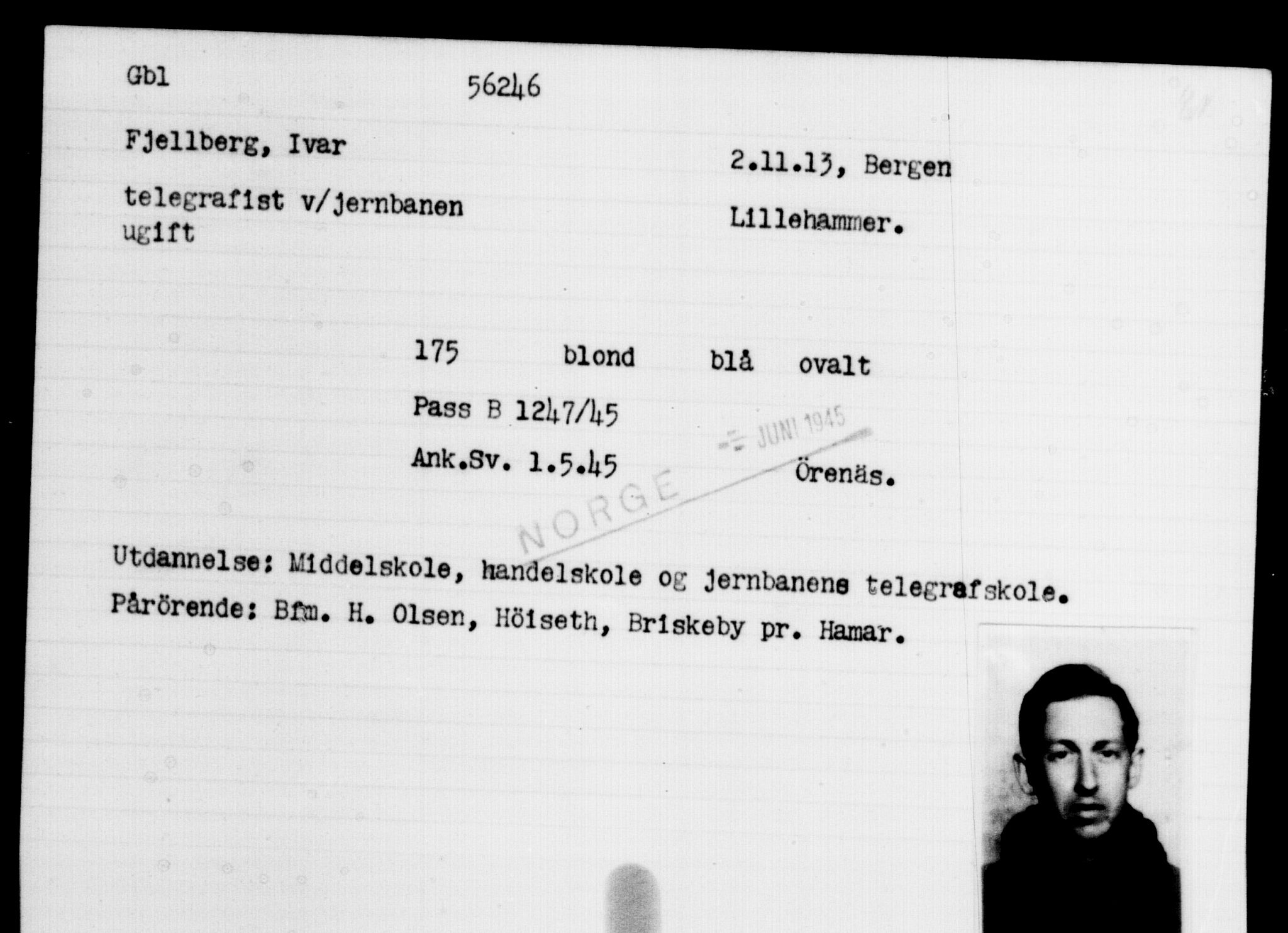 Utenriksstasjonene, Legasjonen i Stockholm, Flyktningkontoret, AV/RA-S-6753/V/Va/L0020: Kjesäterkartoteket, flyktninger med registreringsnr. 55000-58245, 1940-1945, p. 1245