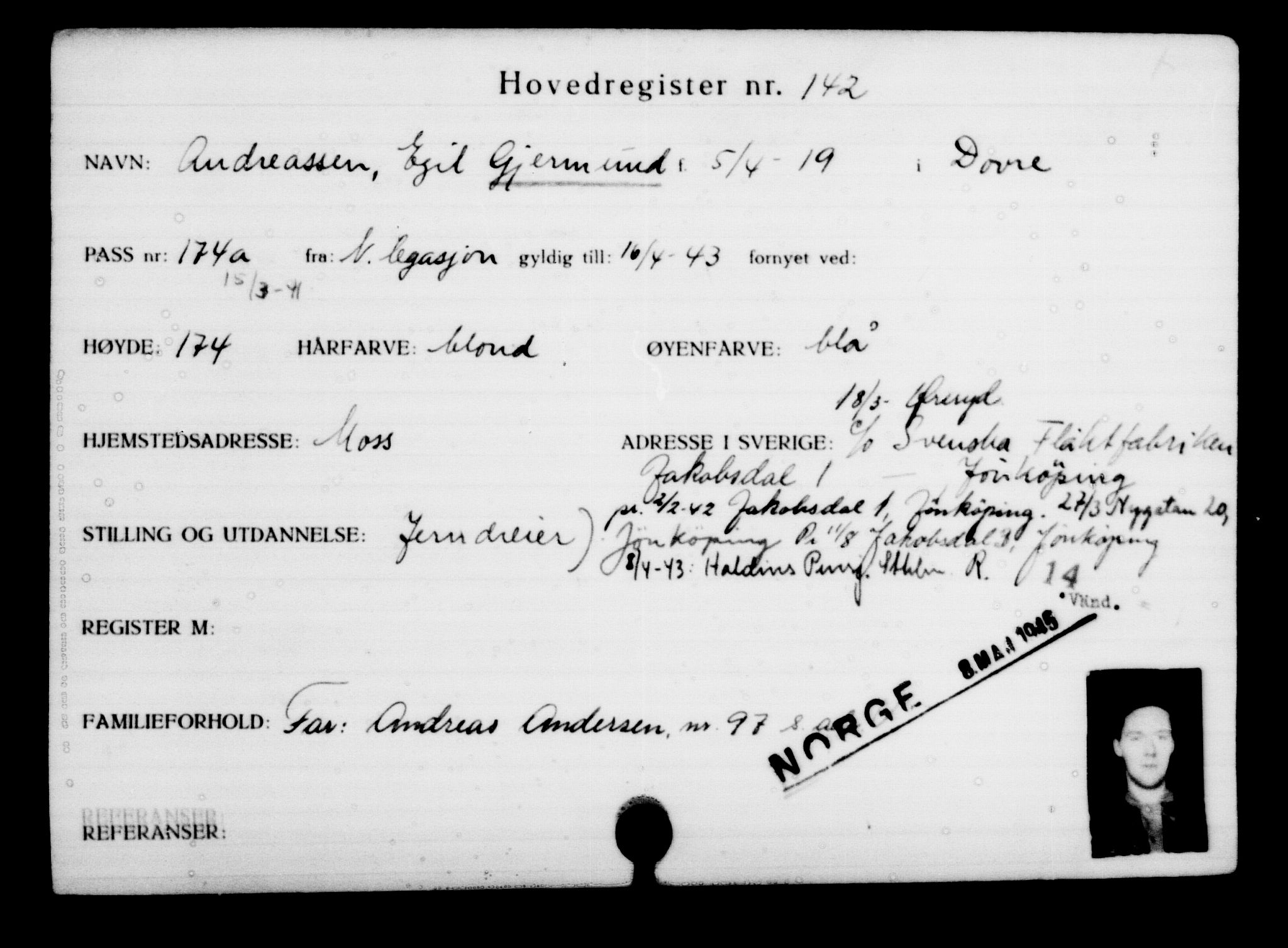 Utenriksstasjonene, Legasjonen i Stockholm, Flyktningkontoret, AV/RA-S-6753/V/Va/L0001: Kjesäterkartoteket, flyktninger med registreringsnr. 1-1000, 1940-1945, p. 232