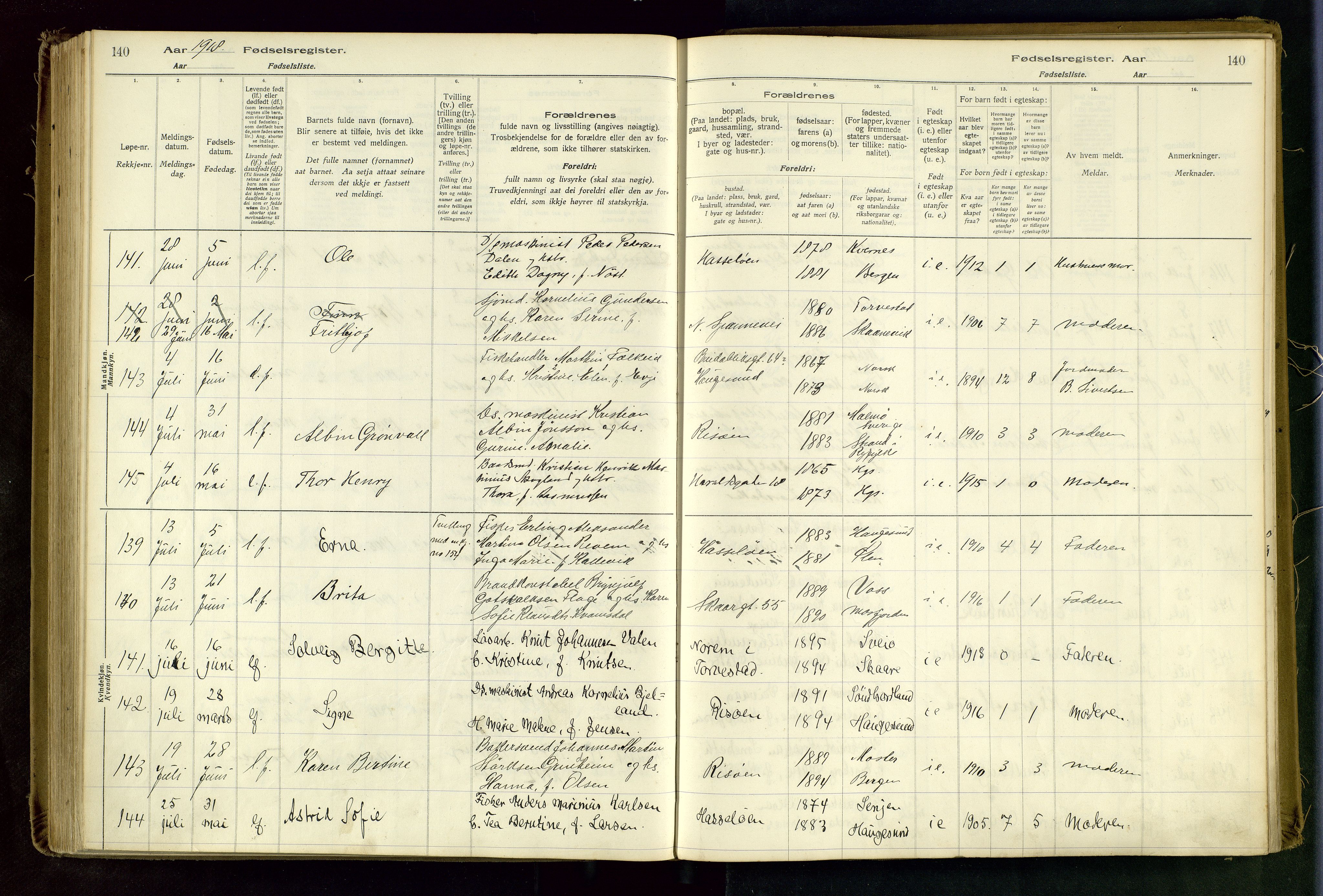 Haugesund sokneprestkontor, AV/SAST-A -101863/I/Id/L0003: Birth register no. 1, 1916-1919, p. 140