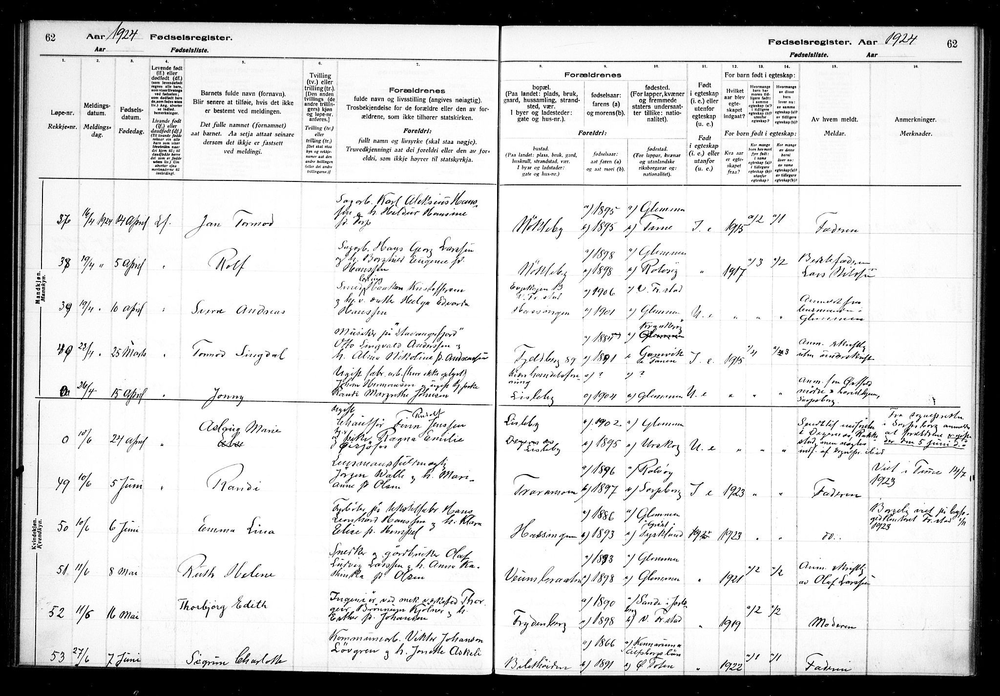 Glemmen prestekontor Kirkebøker, AV/SAO-A-10908/J/Ja/L0002: Birth register no. I 2, 1922-1929, p. 62