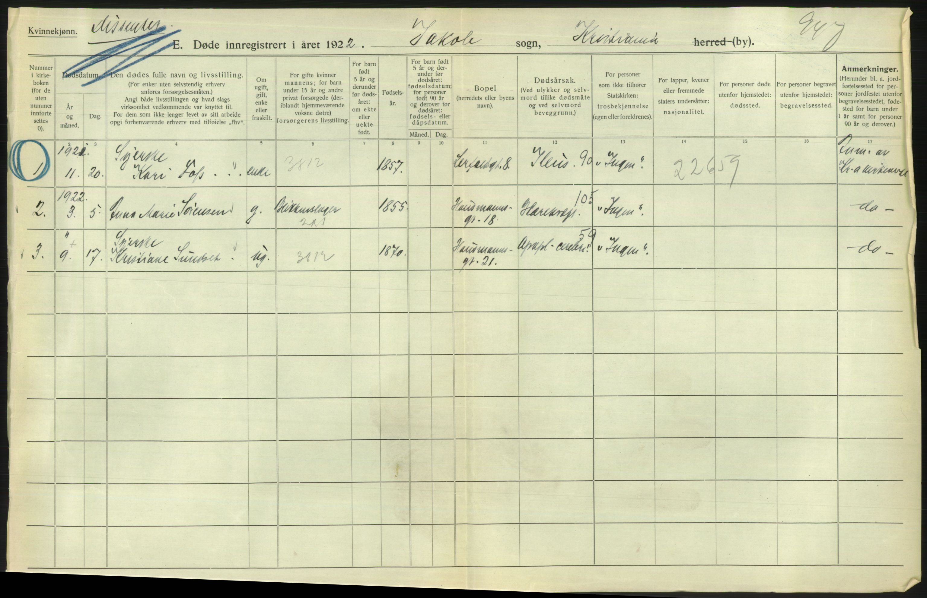 Statistisk sentralbyrå, Sosiodemografiske emner, Befolkning, AV/RA-S-2228/D/Df/Dfc/Dfcb/L0009: Kristiania: Døde, 1922, p. 210