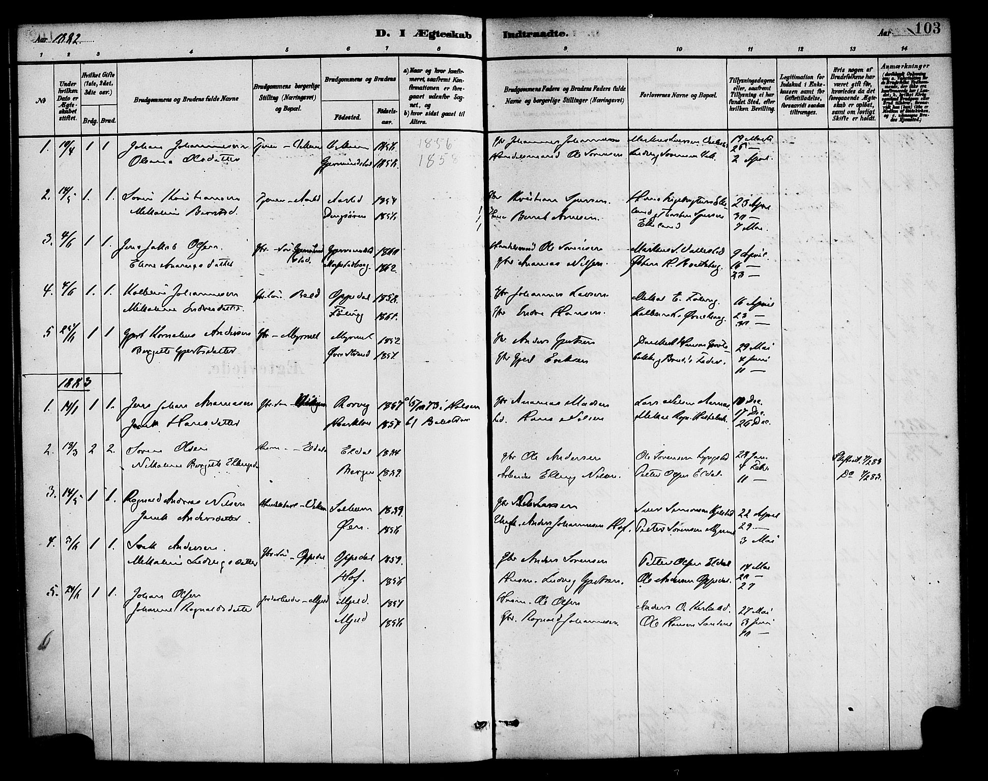 Gaular sokneprestembete, AV/SAB-A-80001/H/Haa: Parish register (official) no. D 1, 1882-1899, p. 103