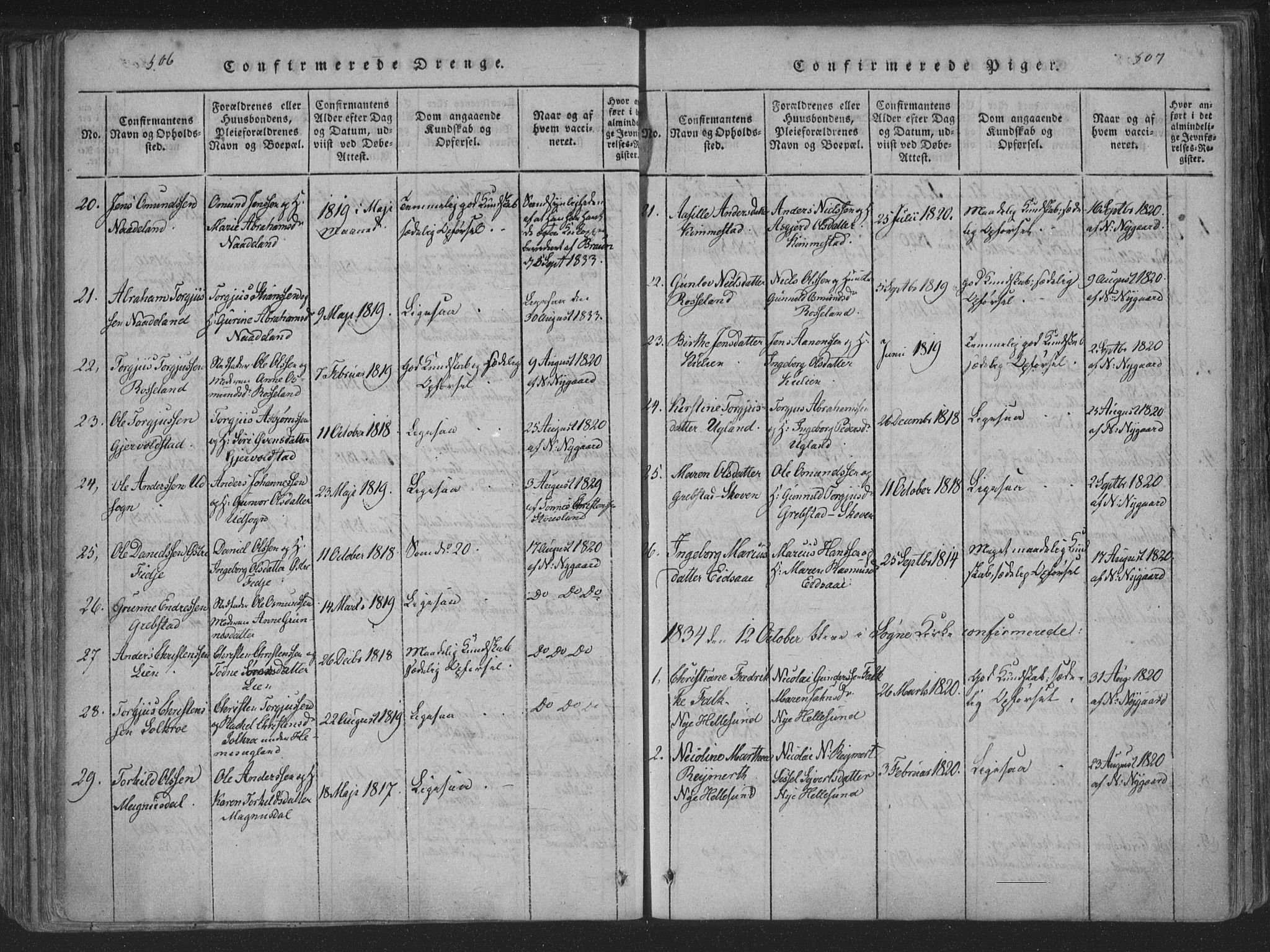 Søgne sokneprestkontor, AV/SAK-1111-0037/F/Fa/Fab/L0008: Parish register (official) no. A 8, 1821-1838, p. 506-507