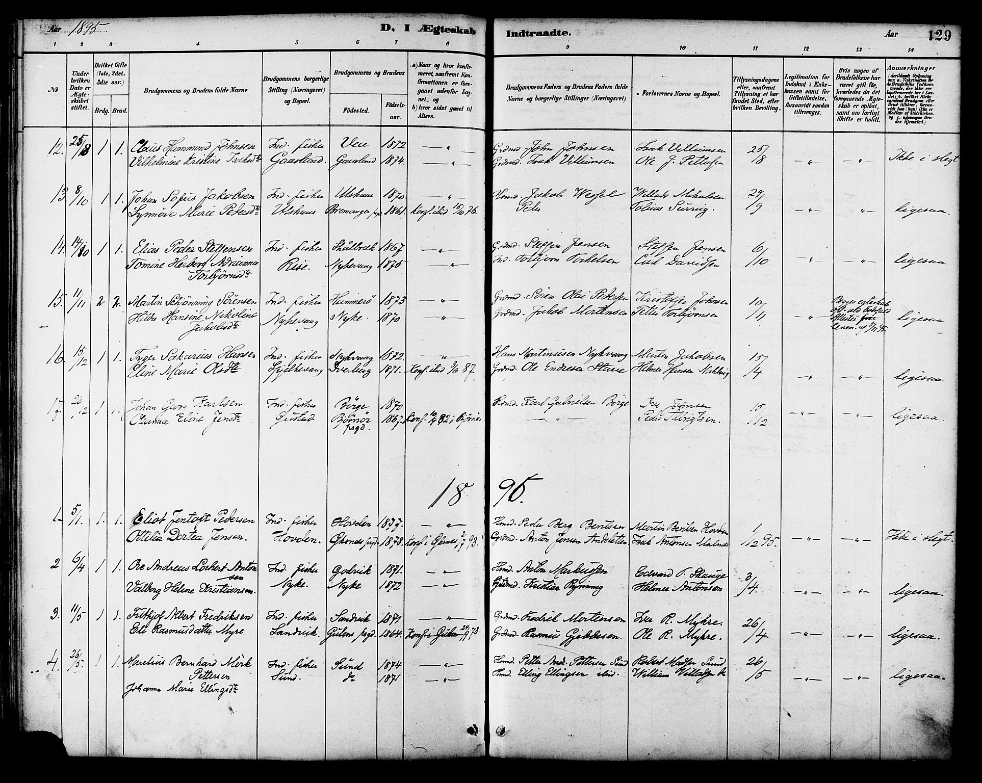 Ministerialprotokoller, klokkerbøker og fødselsregistre - Nordland, AV/SAT-A-1459/892/L1320: Parish register (official) no. 892A01, 1886-1901, p. 129