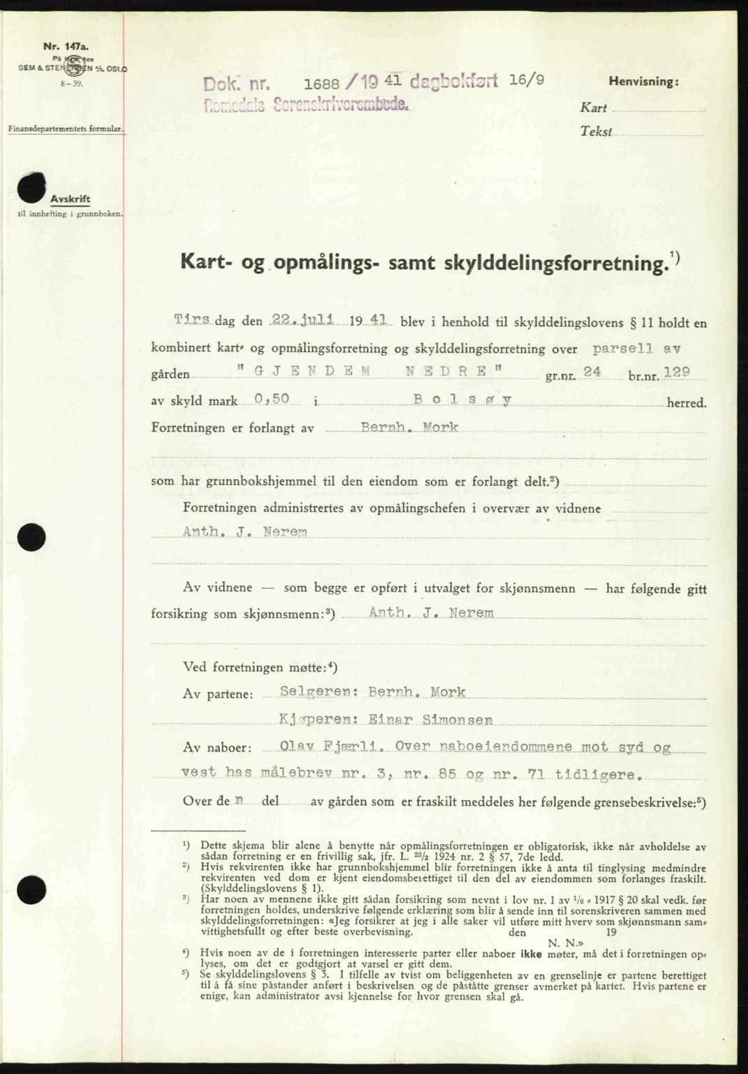 Romsdal sorenskriveri, AV/SAT-A-4149/1/2/2C: Mortgage book no. A10, 1941-1941, Diary no: : 1688/1941