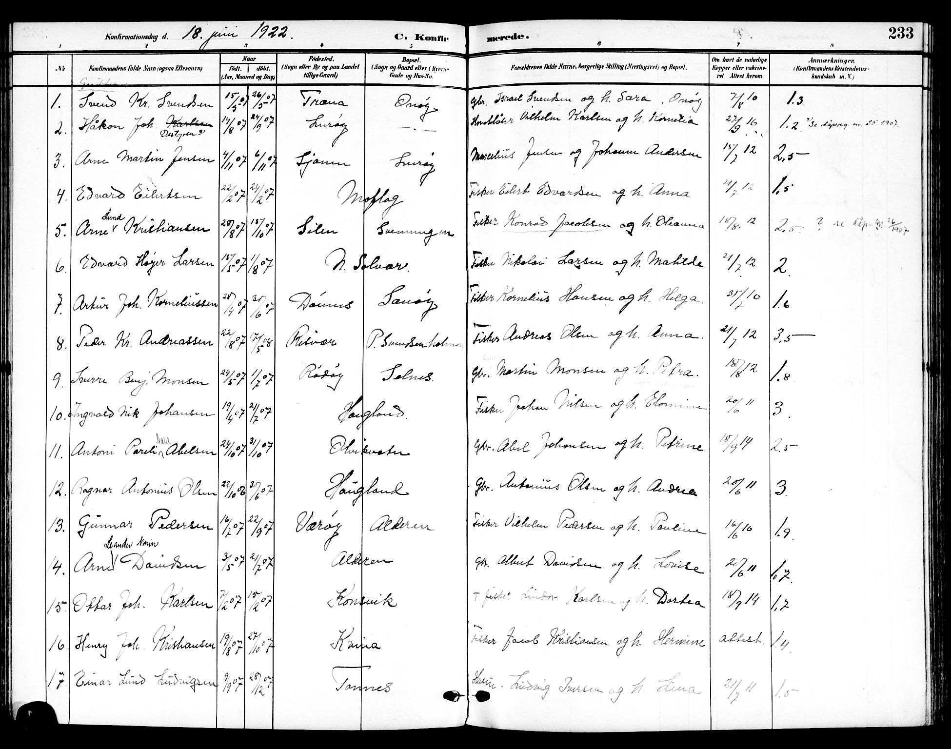 Ministerialprotokoller, klokkerbøker og fødselsregistre - Nordland, AV/SAT-A-1459/839/L0569: Parish register (official) no. 839A06, 1903-1922, p. 233