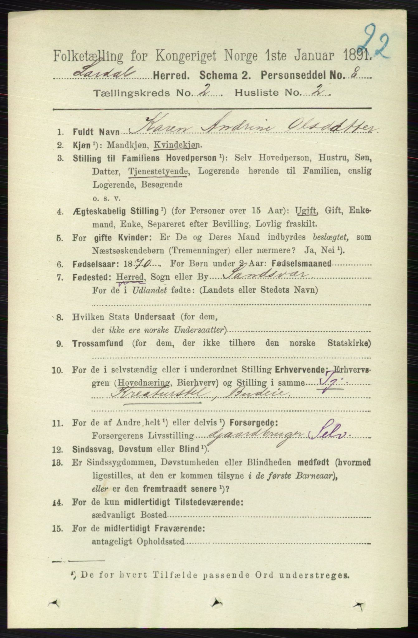 RA, 1891 census for 0728 Lardal, 1891, p. 739