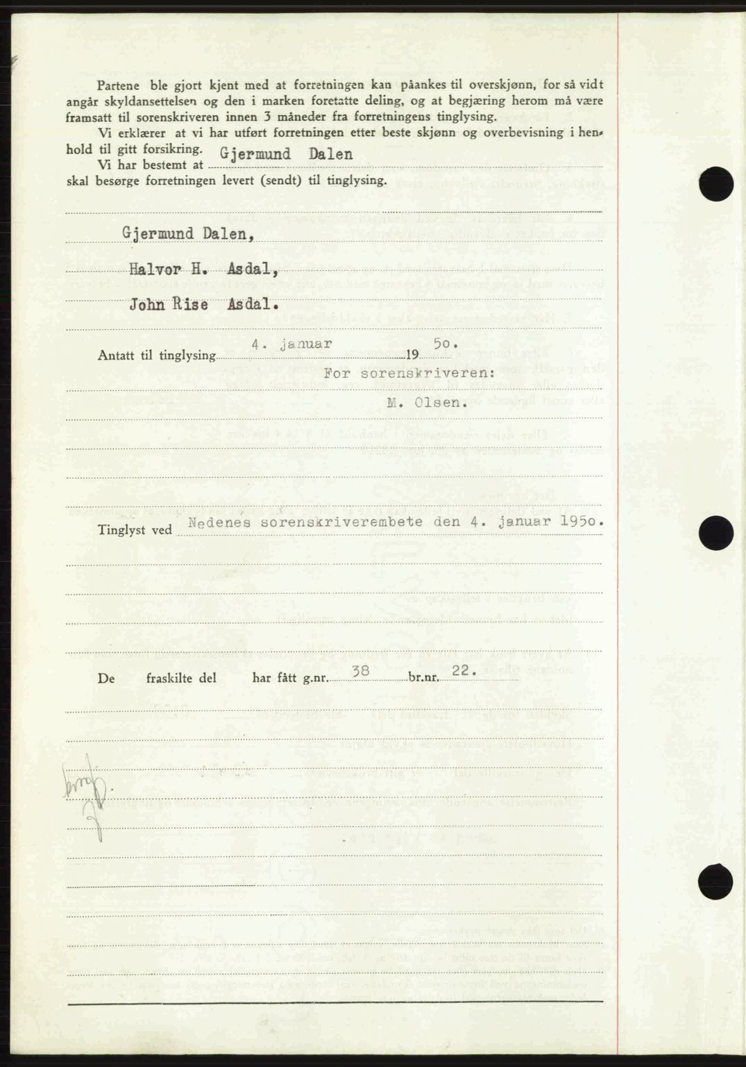 Nedenes sorenskriveri, AV/SAK-1221-0006/G/Gb/Gba/L0062: Mortgage book no. A14, 1949-1950, Diary no: : 22/1950