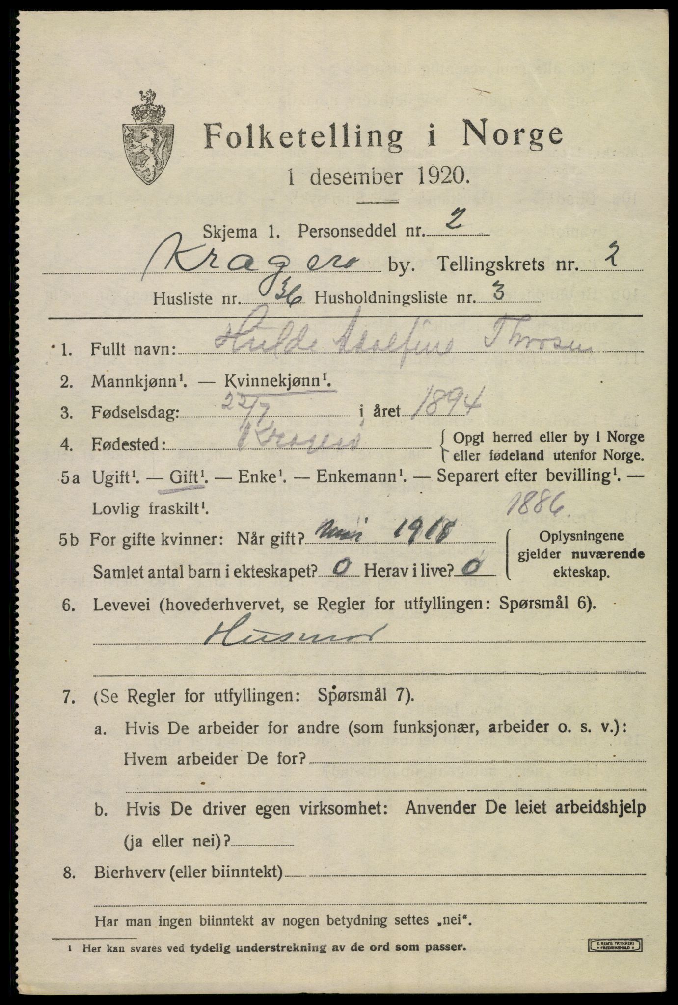 SAKO, 1920 census for Kragerø, 1920, p. 5791
