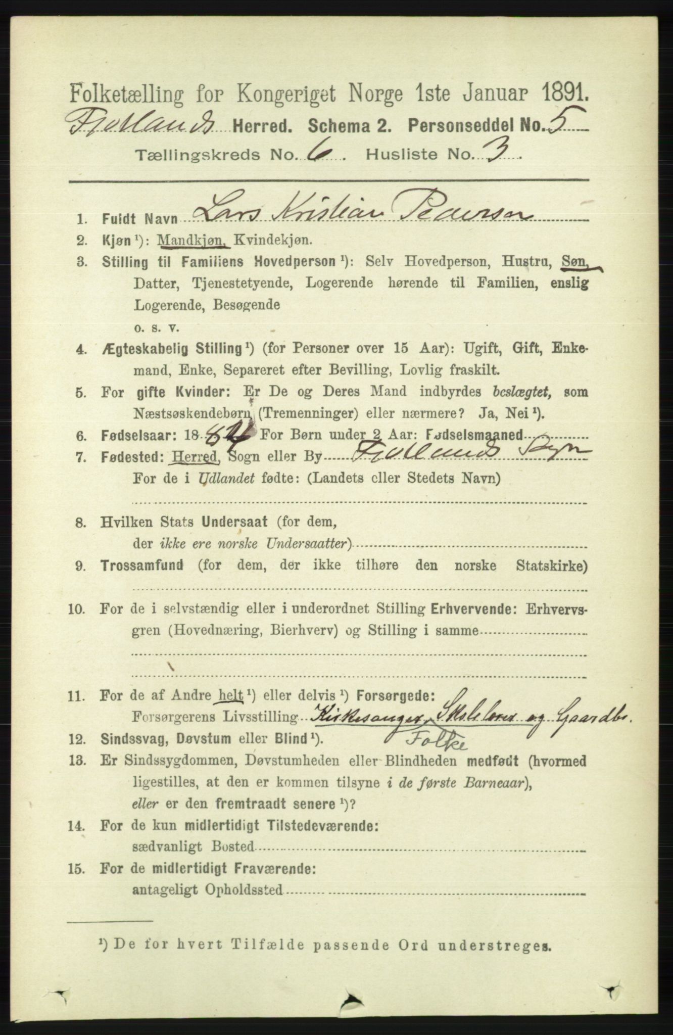 RA, 1891 census for 1036 Fjotland, 1891, p. 878