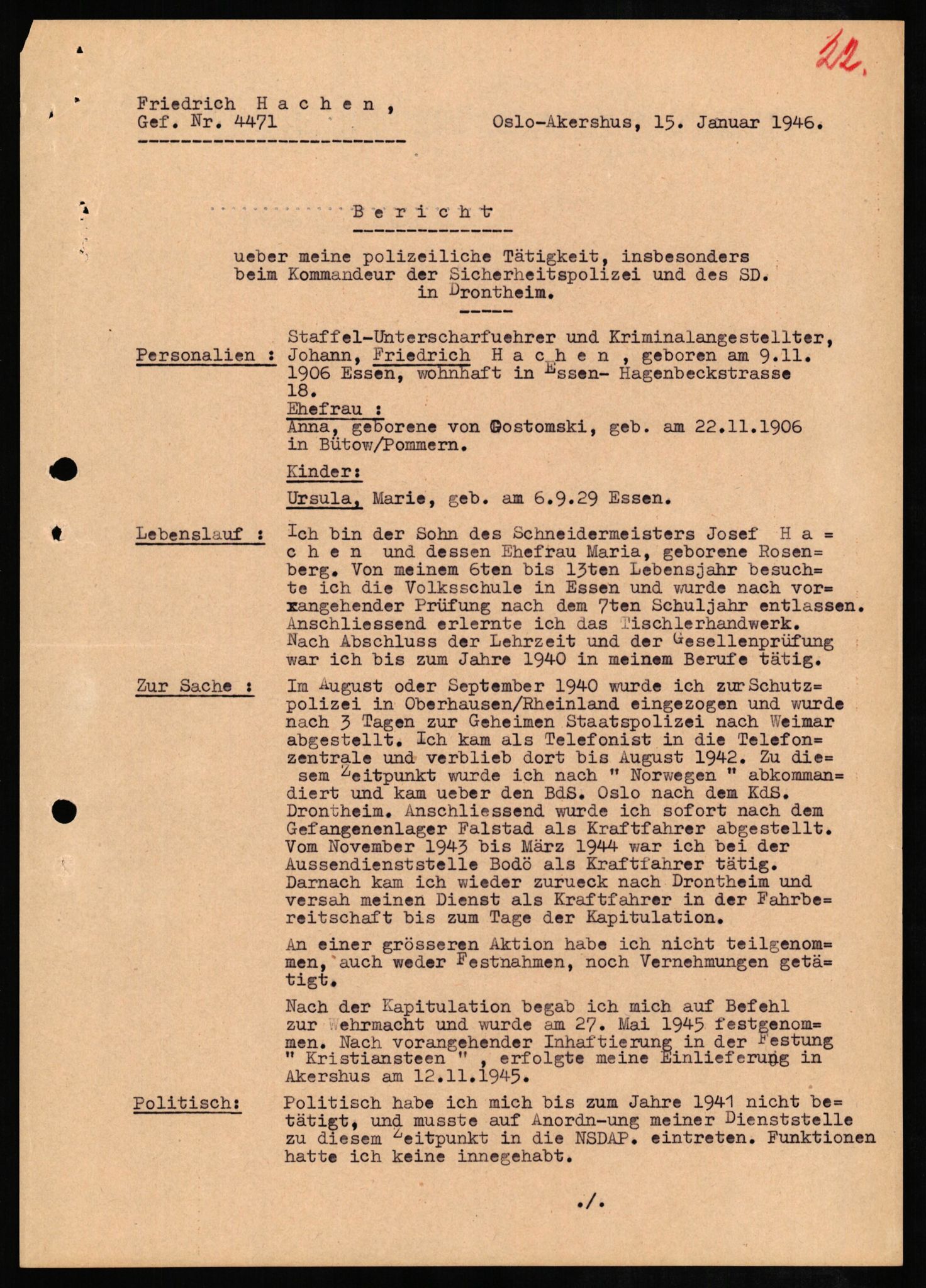 Forsvaret, Forsvarets overkommando II, RA/RAFA-3915/D/Db/L0011: CI Questionaires. Tyske okkupasjonsstyrker i Norge. Tyskere., 1945-1946, p. 149