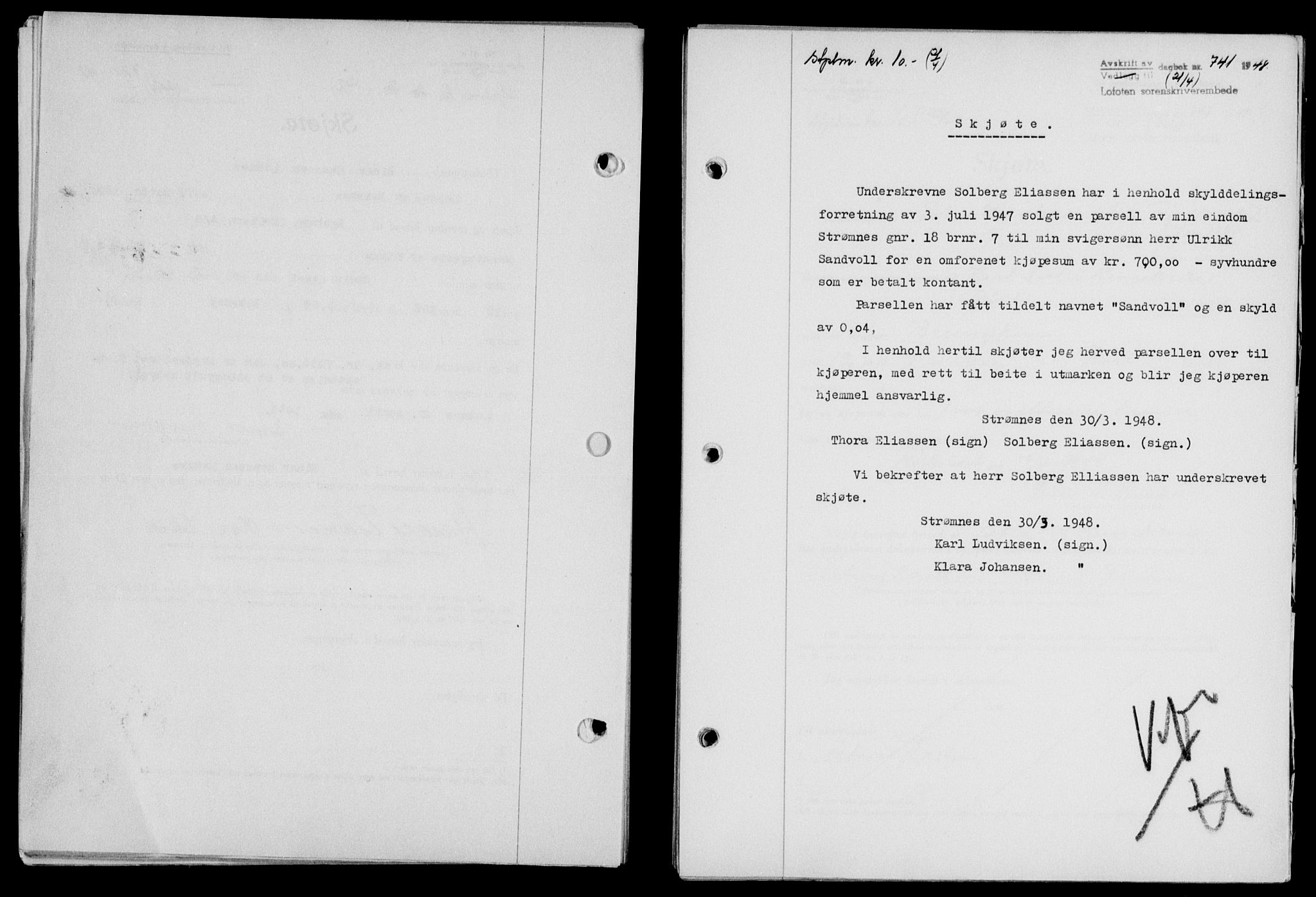 Lofoten sorenskriveri, SAT/A-0017/1/2/2C/L0018a: Mortgage book no. 18a, 1948-1948, Diary no: : 741/1948