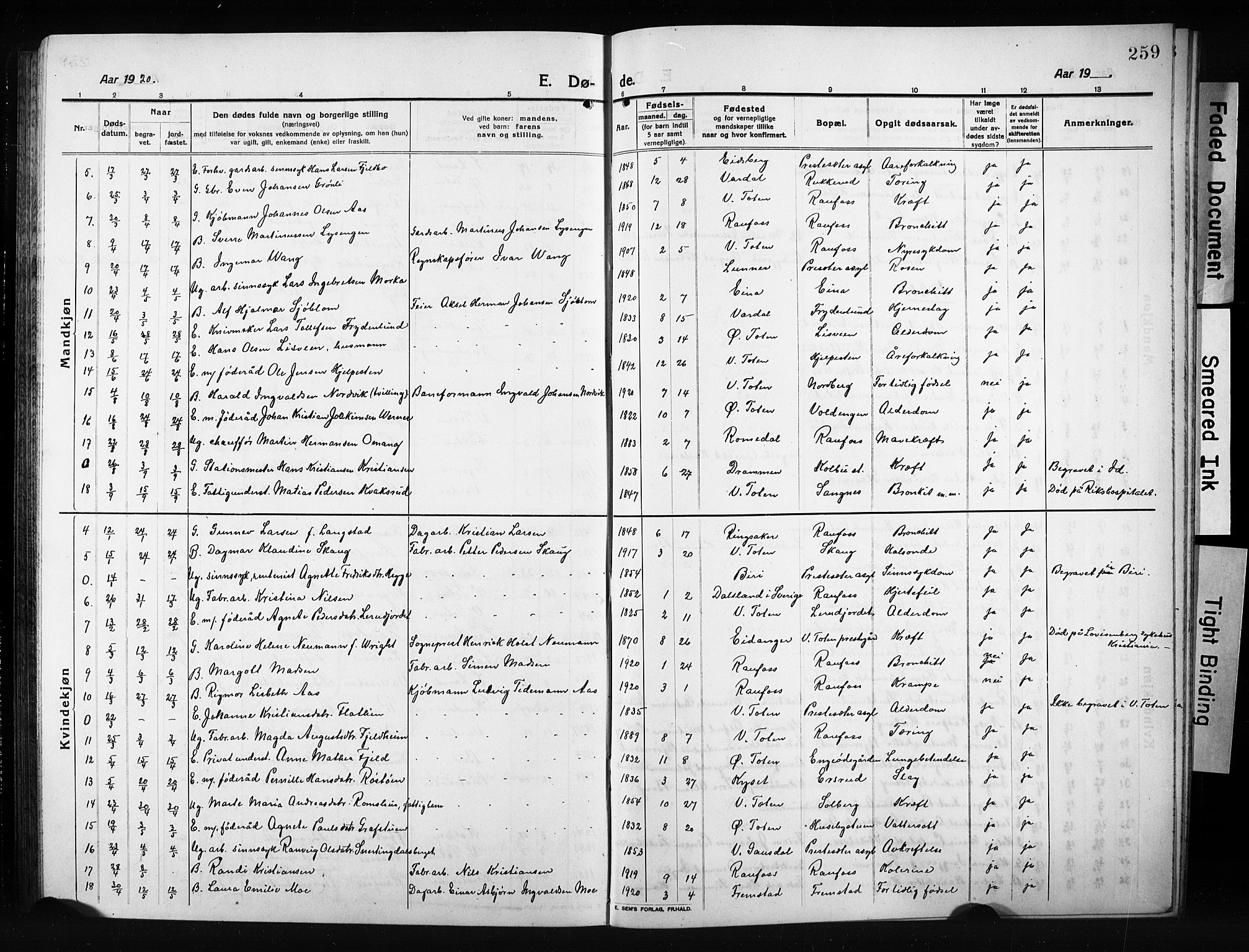 Vestre Toten prestekontor, SAH/PREST-108/H/Ha/Hab/L0012: Parish register (copy) no. 12, 1909-1928, p. 259