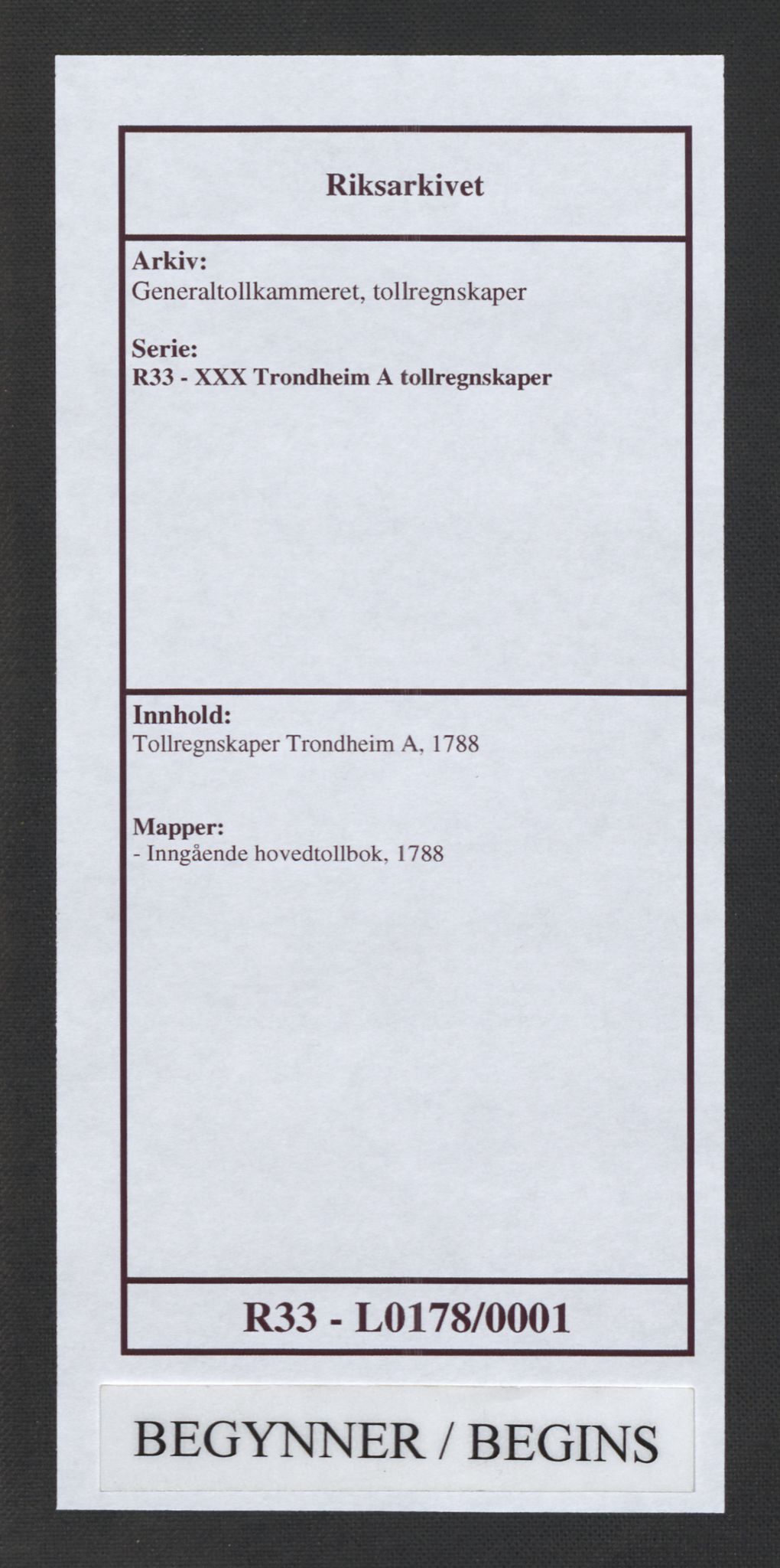 Generaltollkammeret, tollregnskaper, AV/RA-EA-5490/R33/L0178/0001: Tollregnskaper Trondheim A / Inngående hovedtollbok, 1788