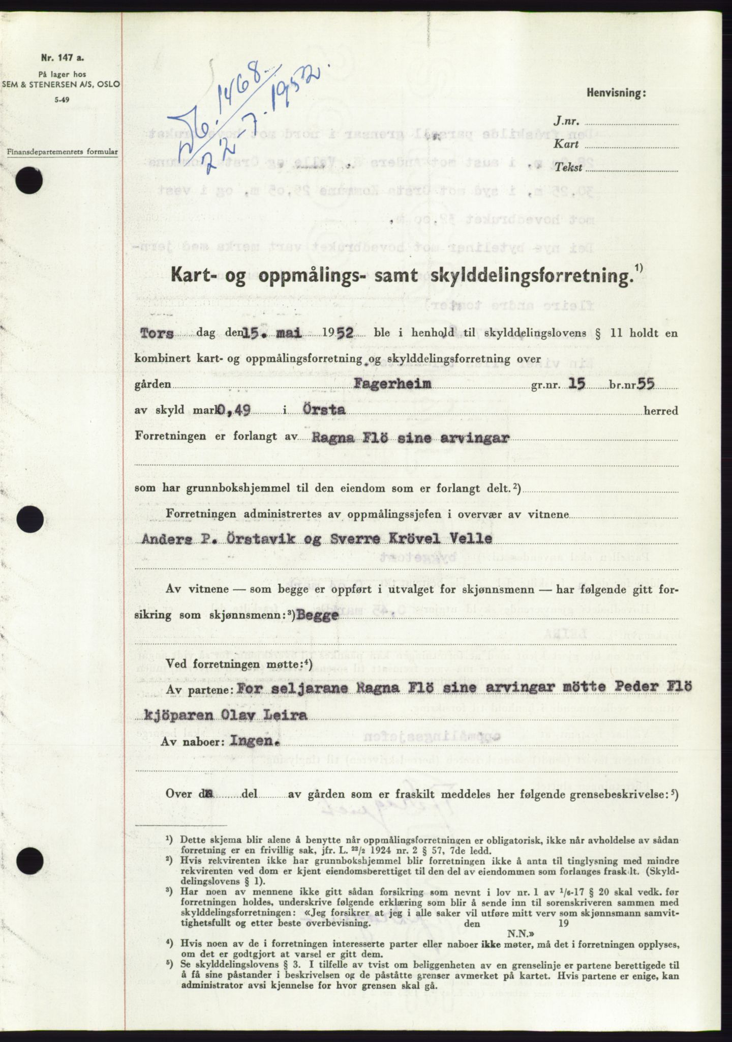 Søre Sunnmøre sorenskriveri, AV/SAT-A-4122/1/2/2C/L0092: Mortgage book no. 18A, 1952-1952, Diary no: : 1468/1952