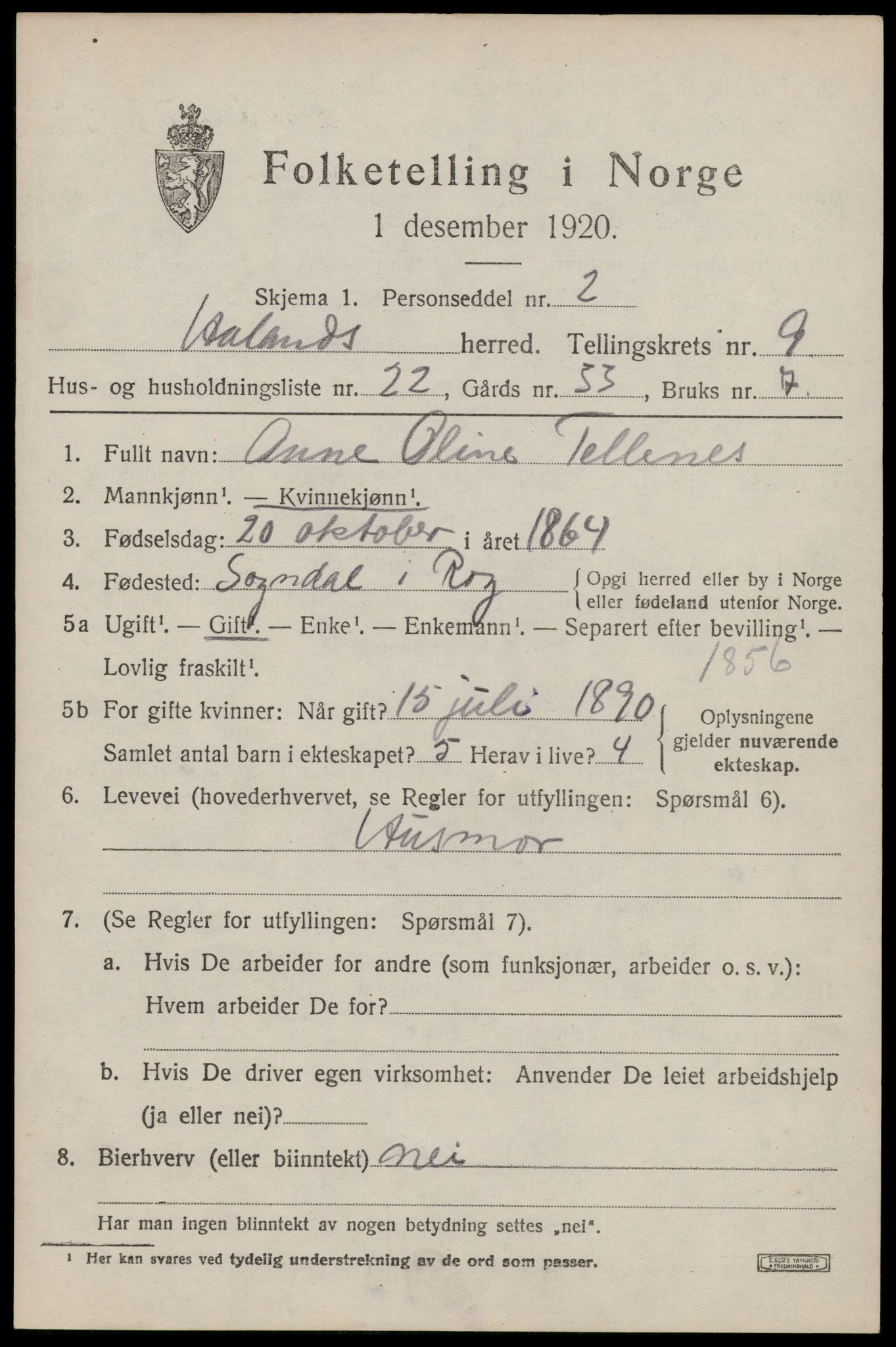 SAST, 1920 census for Håland, 1920, p. 7213