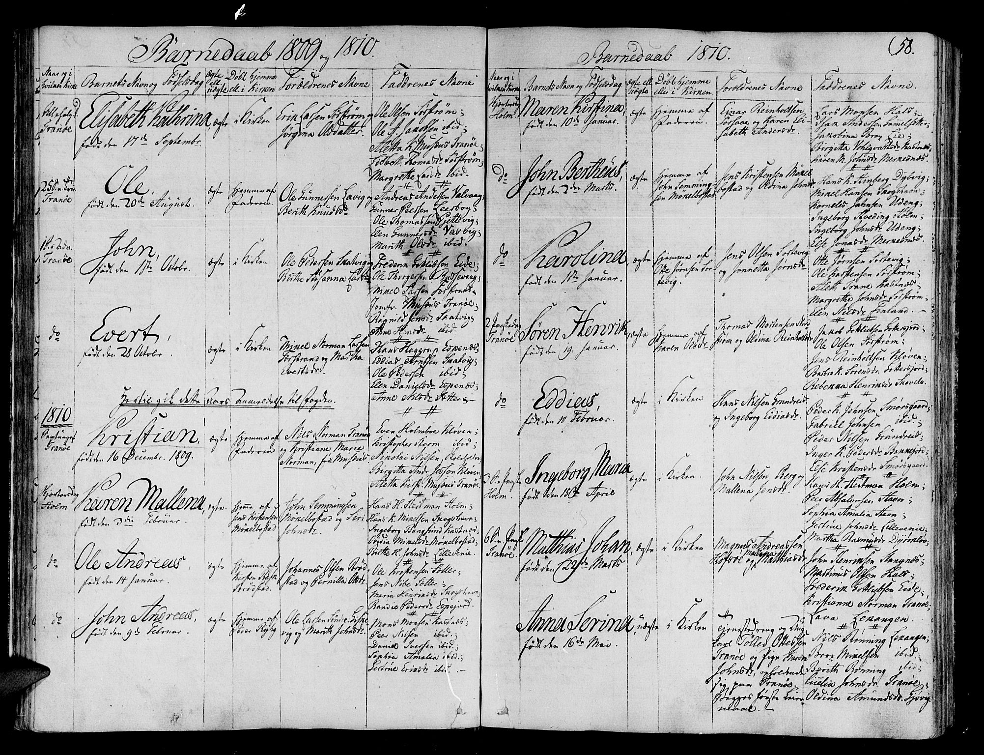 Tranøy sokneprestkontor, SATØ/S-1313/I/Ia/Iaa/L0003kirke: Parish register (official) no. 3, 1807-1820, p. 58