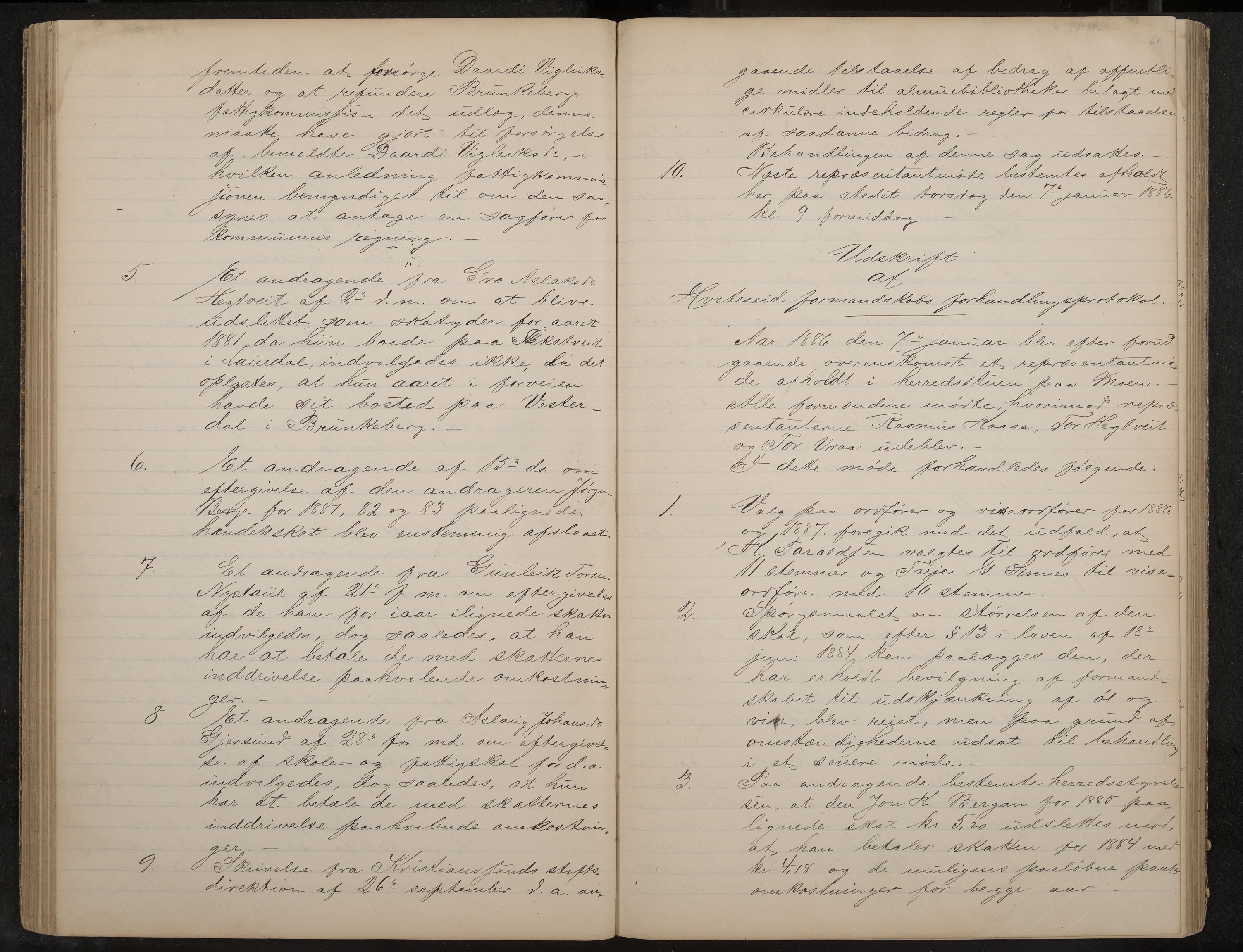 Kviteseid formannskap og sentraladministrasjon, IKAK/0829021/A/Aa/L0002: Utskrift av møtebok, 1882-1888, p. 61