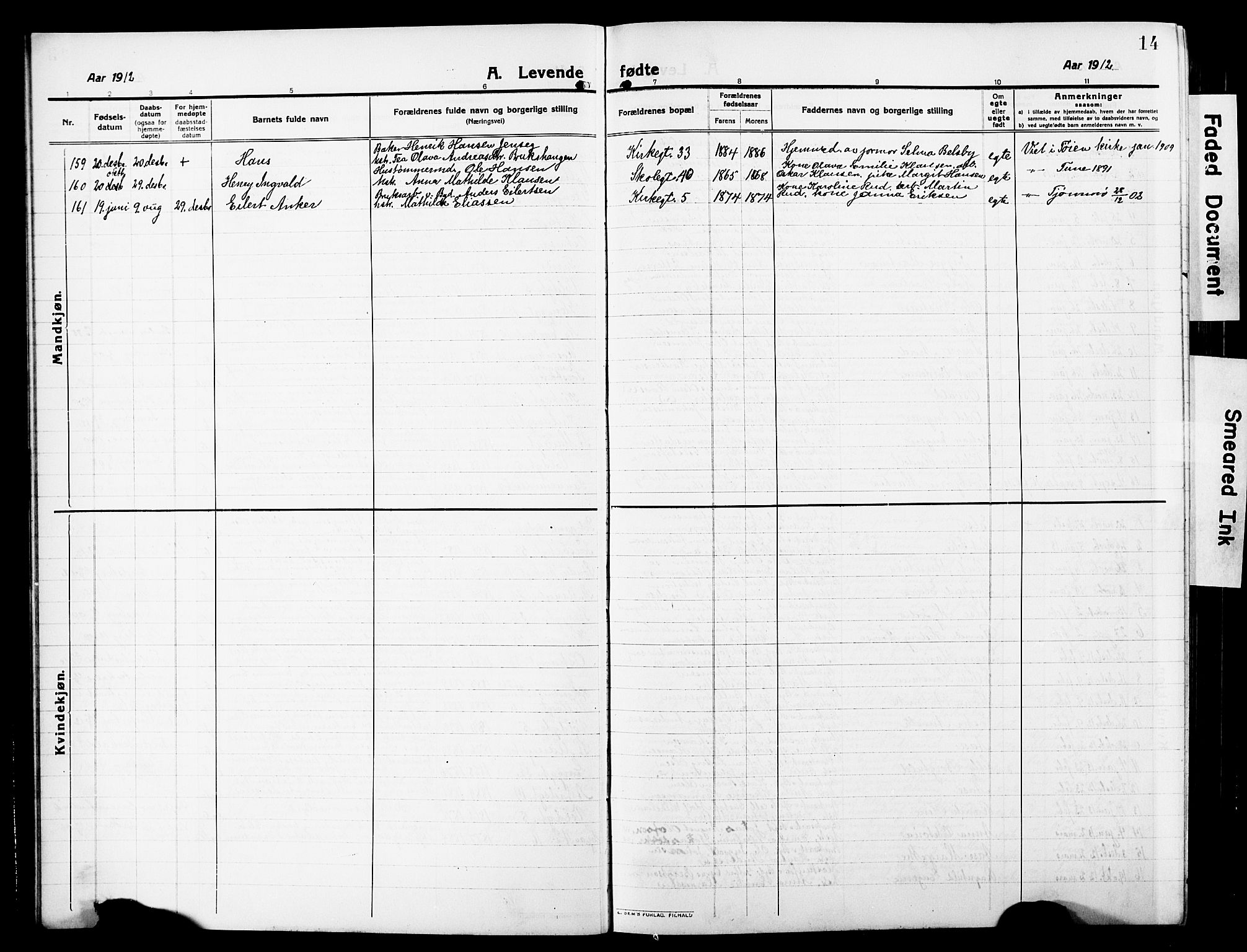 Sarpsborg prestekontor Kirkebøker, AV/SAO-A-2006/G/Ga/L0002: Parish register (copy) no. 2, 1912-1931, p. 14