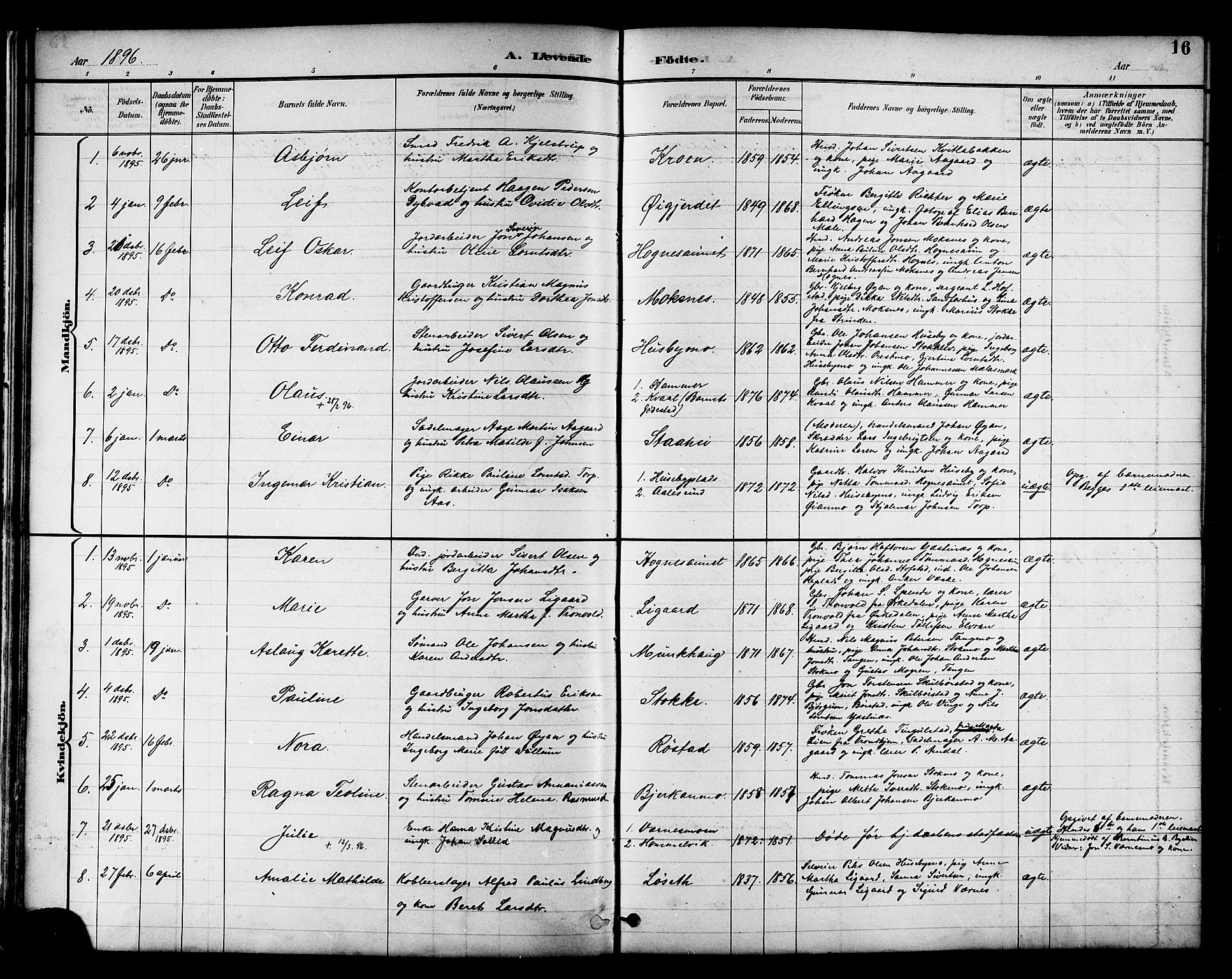 Ministerialprotokoller, klokkerbøker og fødselsregistre - Nord-Trøndelag, SAT/A-1458/709/L0087: Parish register (copy) no. 709C01, 1892-1913, p. 16