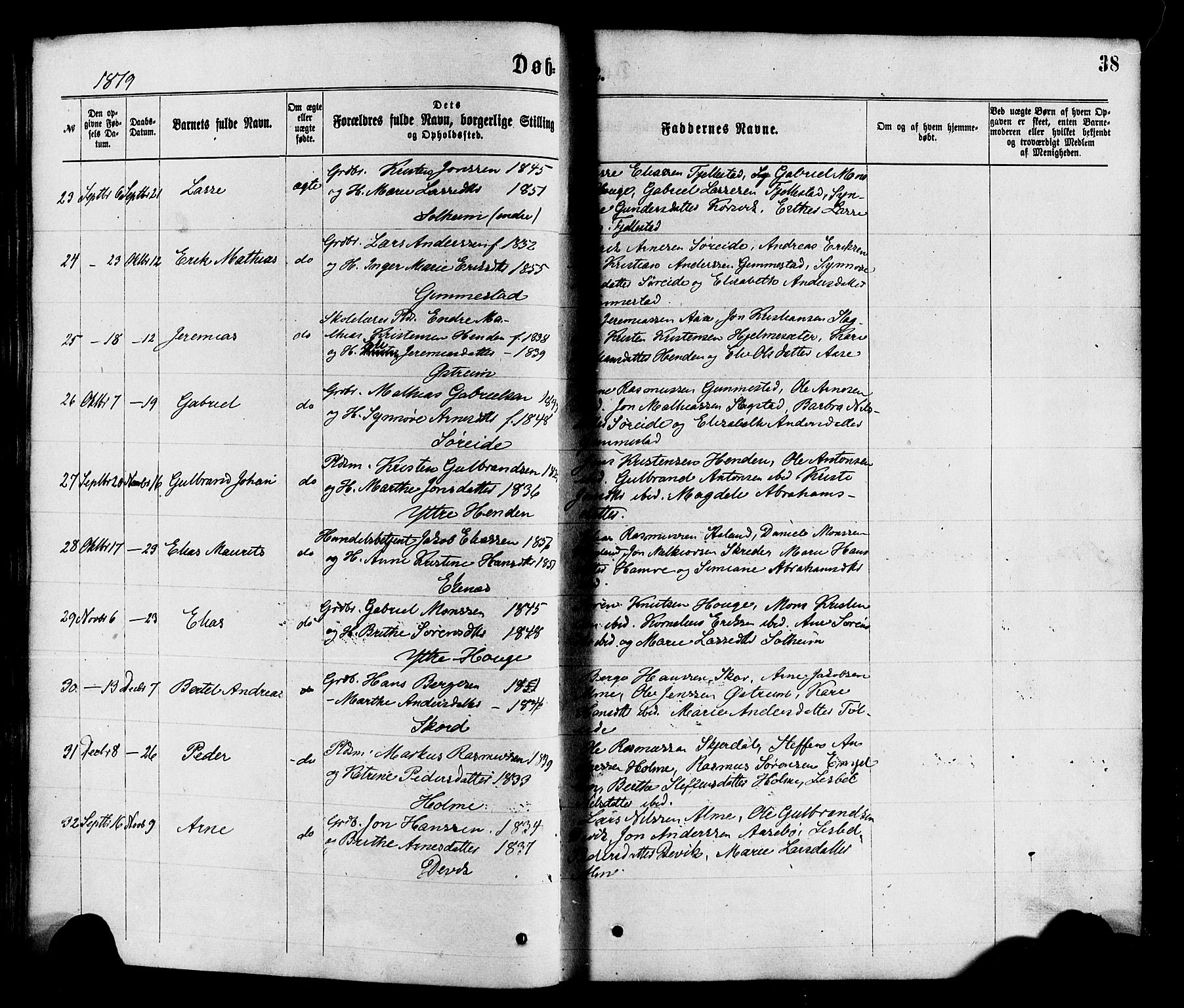 Gloppen sokneprestembete, SAB/A-80101/H/Haa/Haaa/L0010: Parish register (official) no. A 10, 1871-1884, p. 38