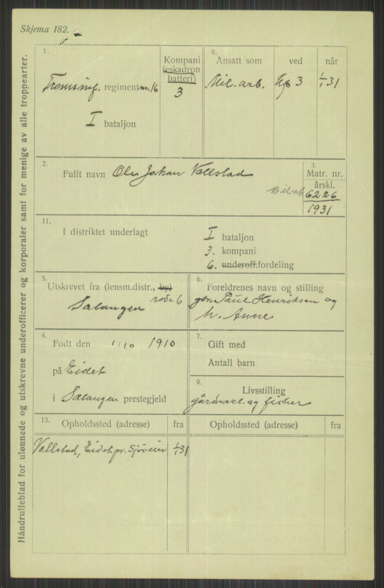 Forsvaret, Troms infanteriregiment nr. 16, AV/RA-RAFA-3146/P/Pa/L0015: Rulleblad for regimentets menige mannskaper, årsklasse 1931, 1931, p. 1179