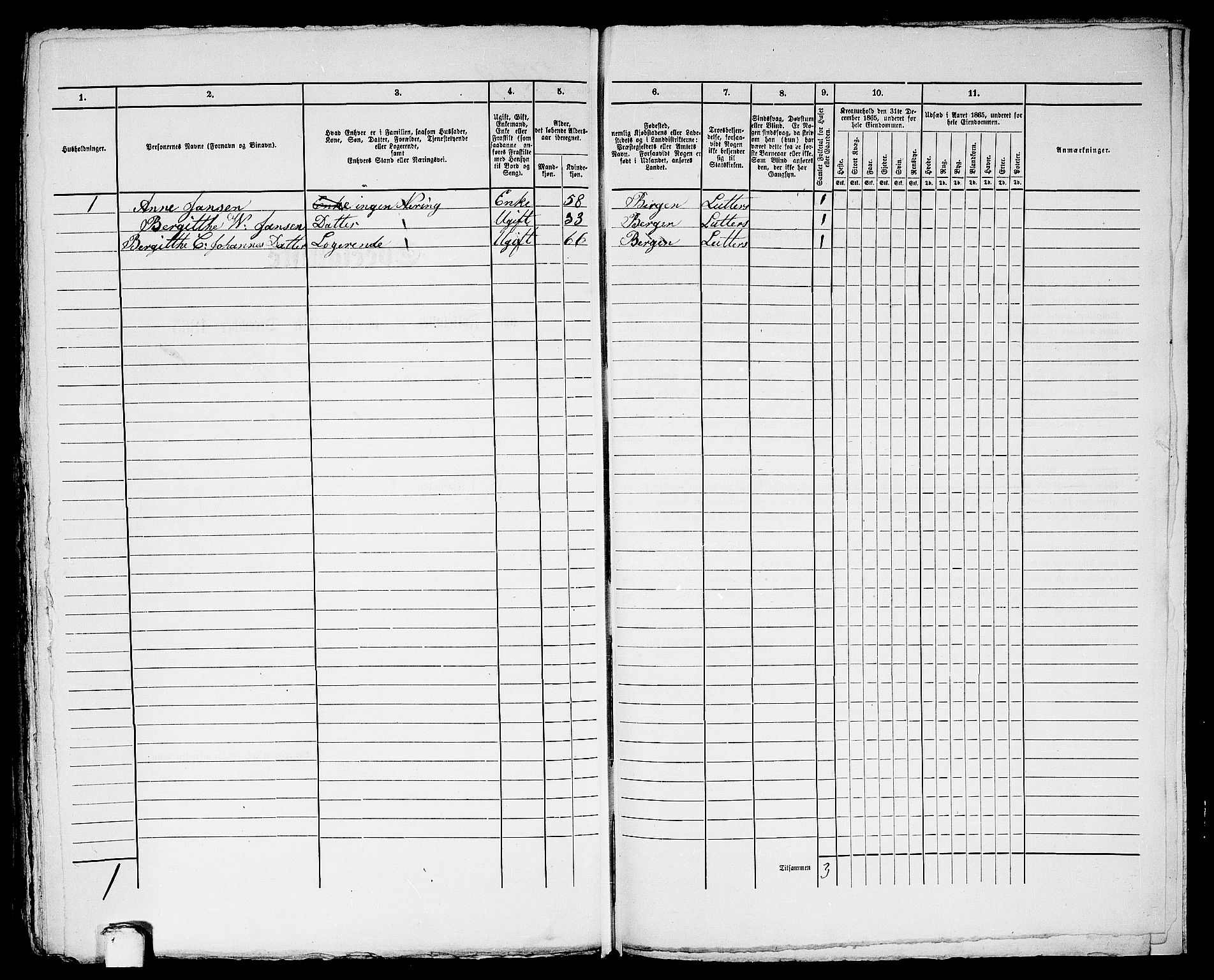 RA, 1865 census for Bergen, 1865, p. 1555