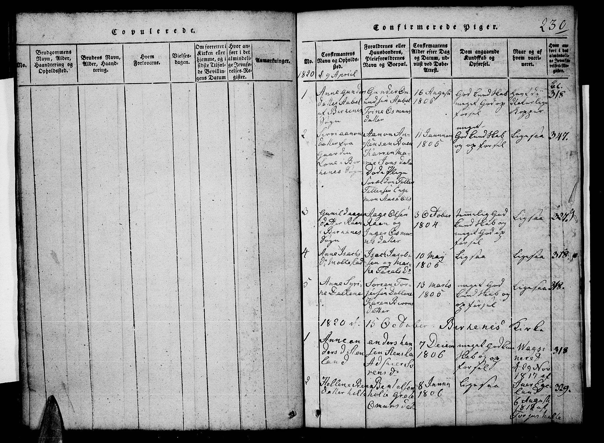 Tveit sokneprestkontor, SAK/1111-0043/F/Fb/L0001: Parish register (copy) no. B 1, 1820-1834, p. 230