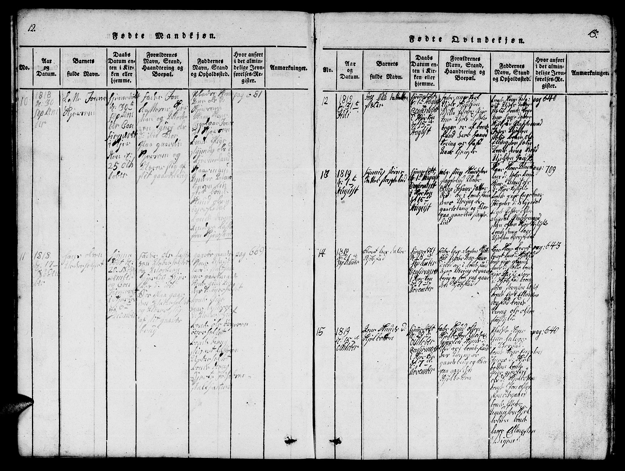 Ministerialprotokoller, klokkerbøker og fødselsregistre - Møre og Romsdal, AV/SAT-A-1454/541/L0546: Parish register (copy) no. 541C01, 1818-1856, p. 12-13