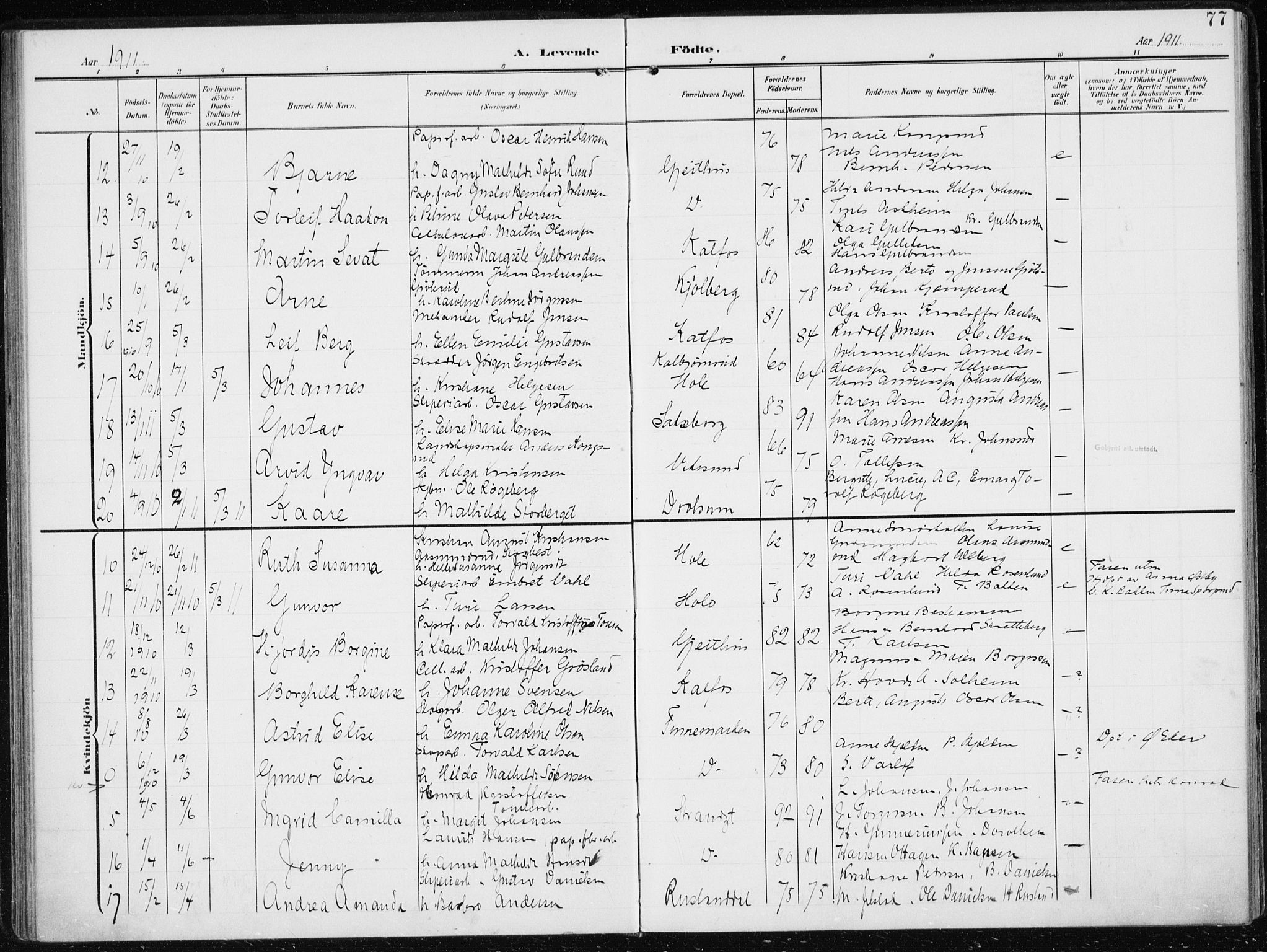 Modum kirkebøker, AV/SAKO-A-234/F/Fa/L0014a: Parish register (official) no. 14A, 1906-1918, p. 77