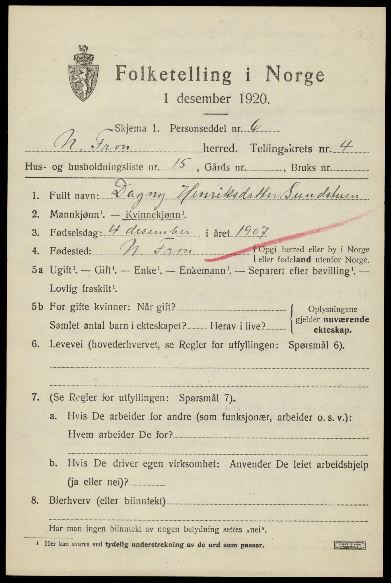 SAH, 1920 census for Nord-Fron, 1920, p. 4176