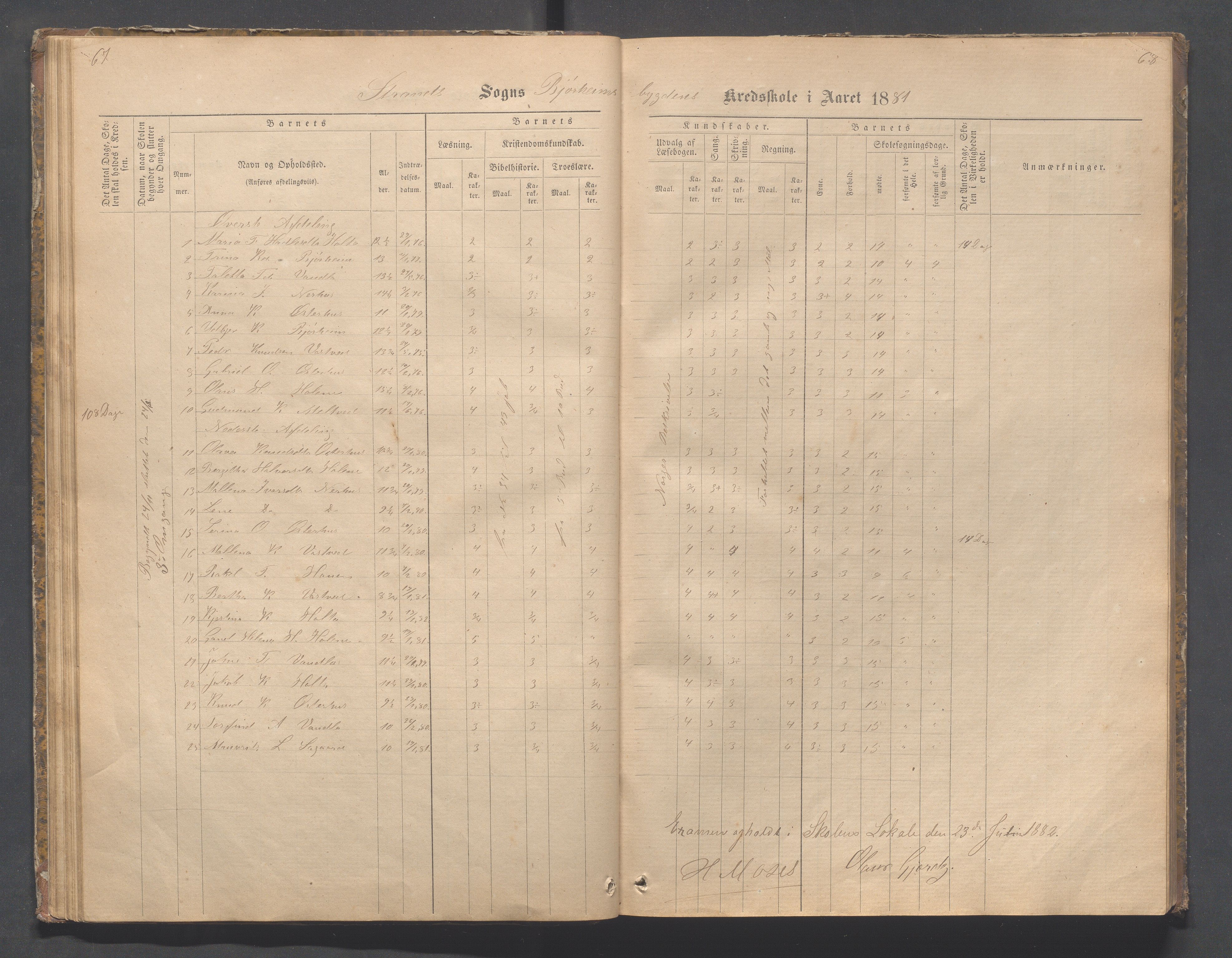 Strand kommune - Bjørheimsbygd skole, IKAR/A-147/H/L0001: Skoleprotokoll for Bjørheimsbygd,Lekvam og Hidle krets, 1873-1884, p. 67-68