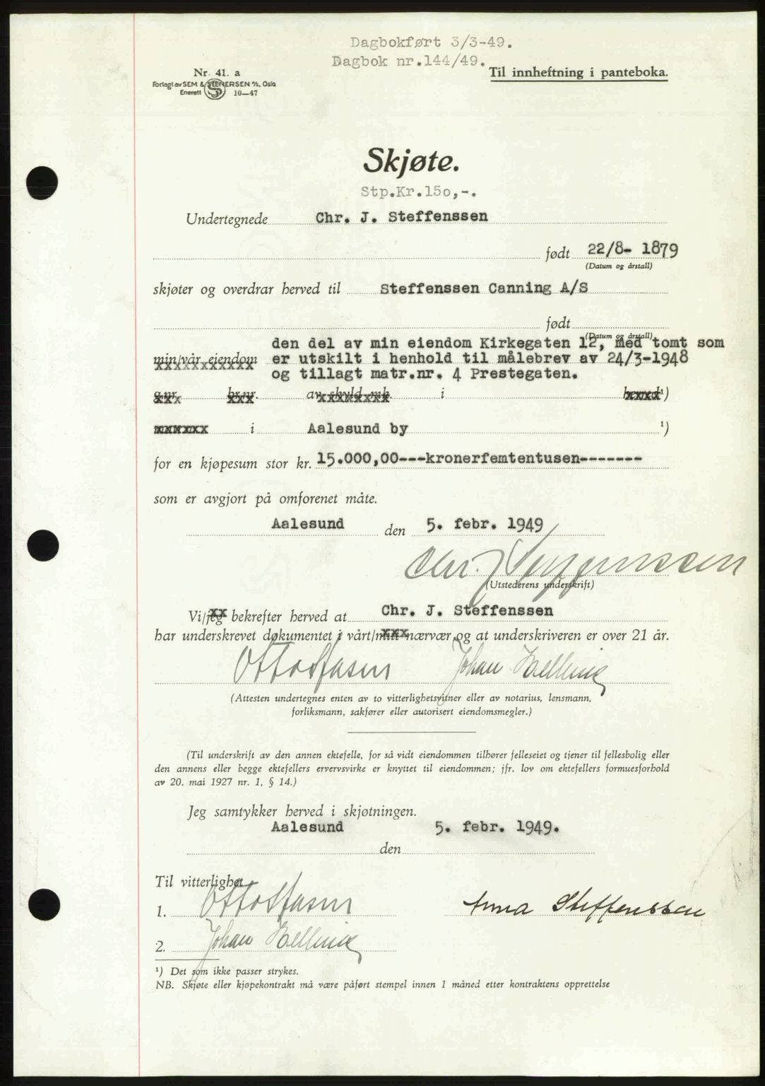 Ålesund byfogd, AV/SAT-A-4384: Mortgage book no. 37A (1), 1947-1949, Diary no: : 144/1949