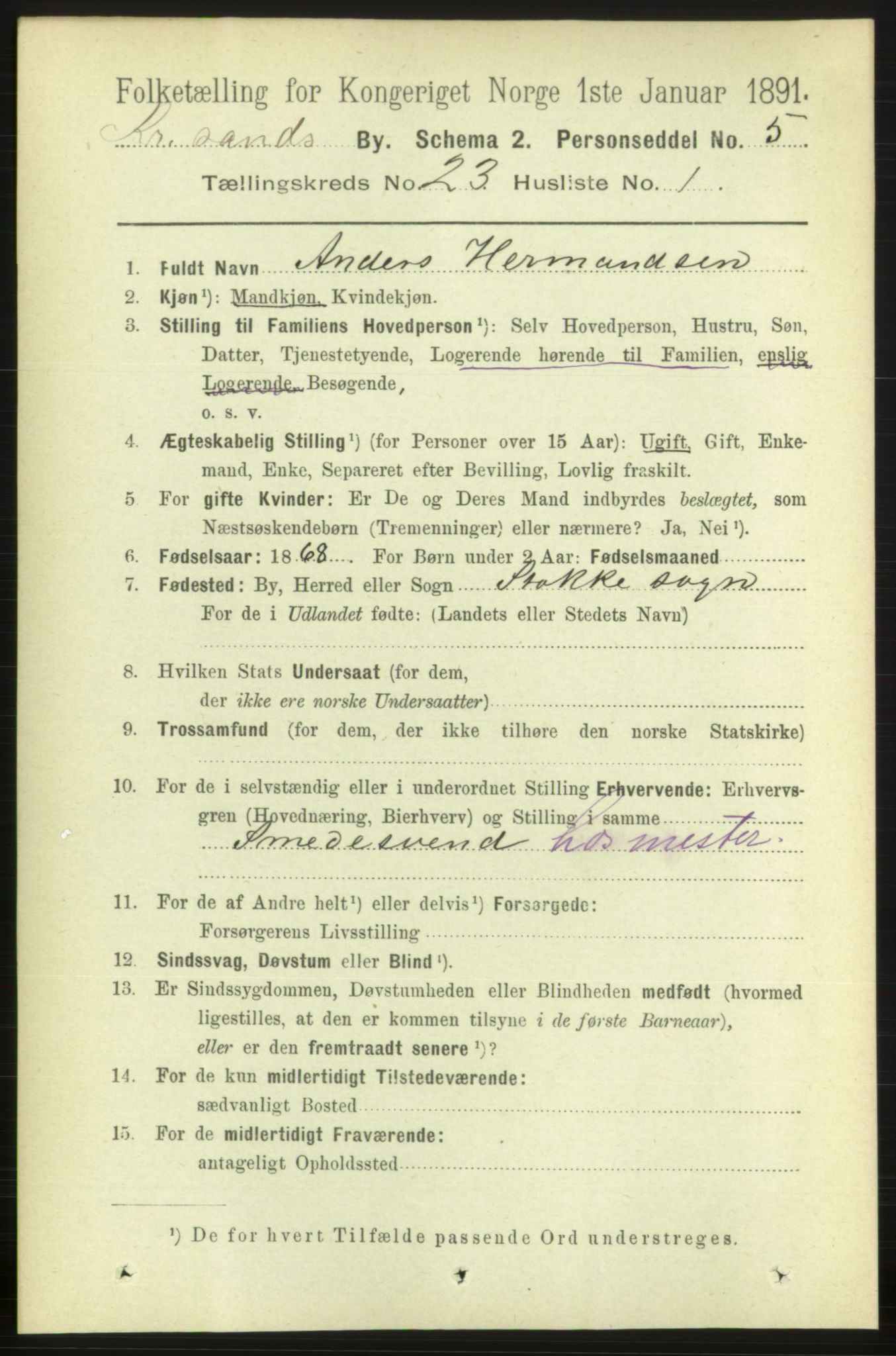 RA, 1891 census for 1001 Kristiansand, 1891, p. 8441