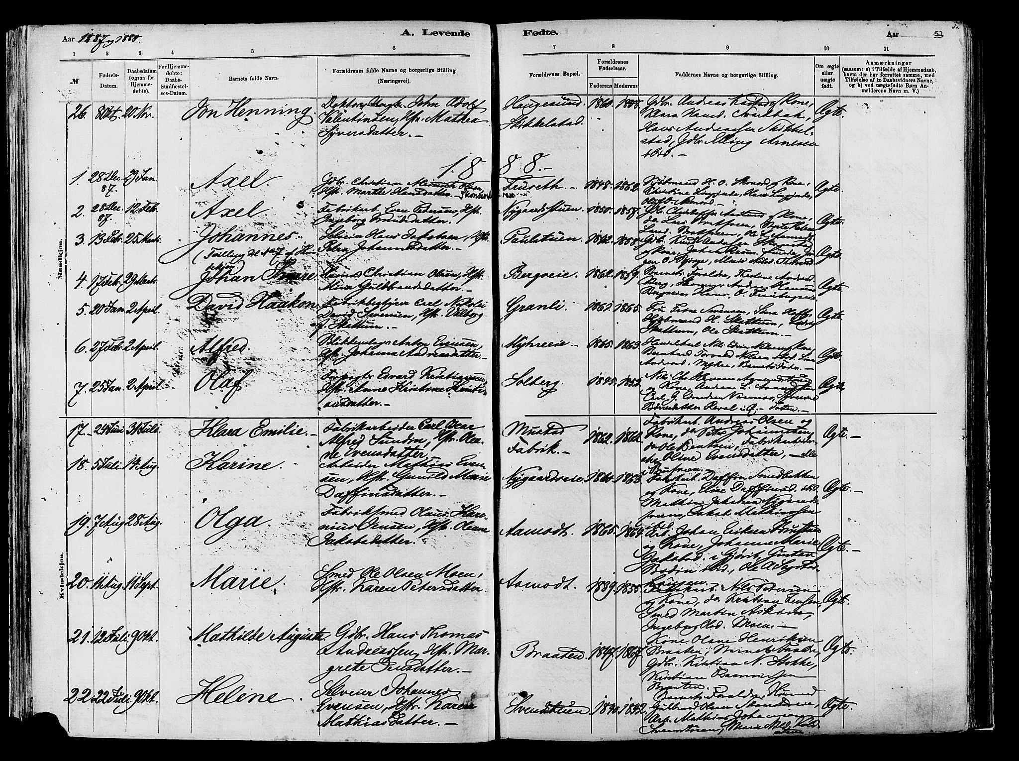 Vardal prestekontor, SAH/PREST-100/H/Ha/Haa/L0009: Parish register (official) no. 9, 1878-1892, p. 52