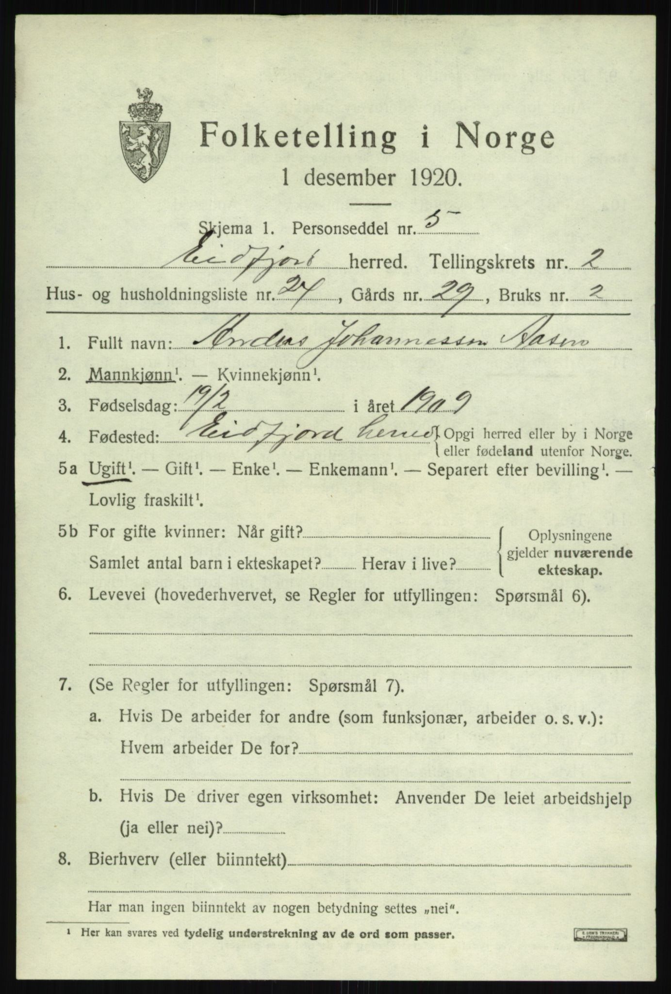 SAB, 1920 census for Eidfjord, 1920, p. 990