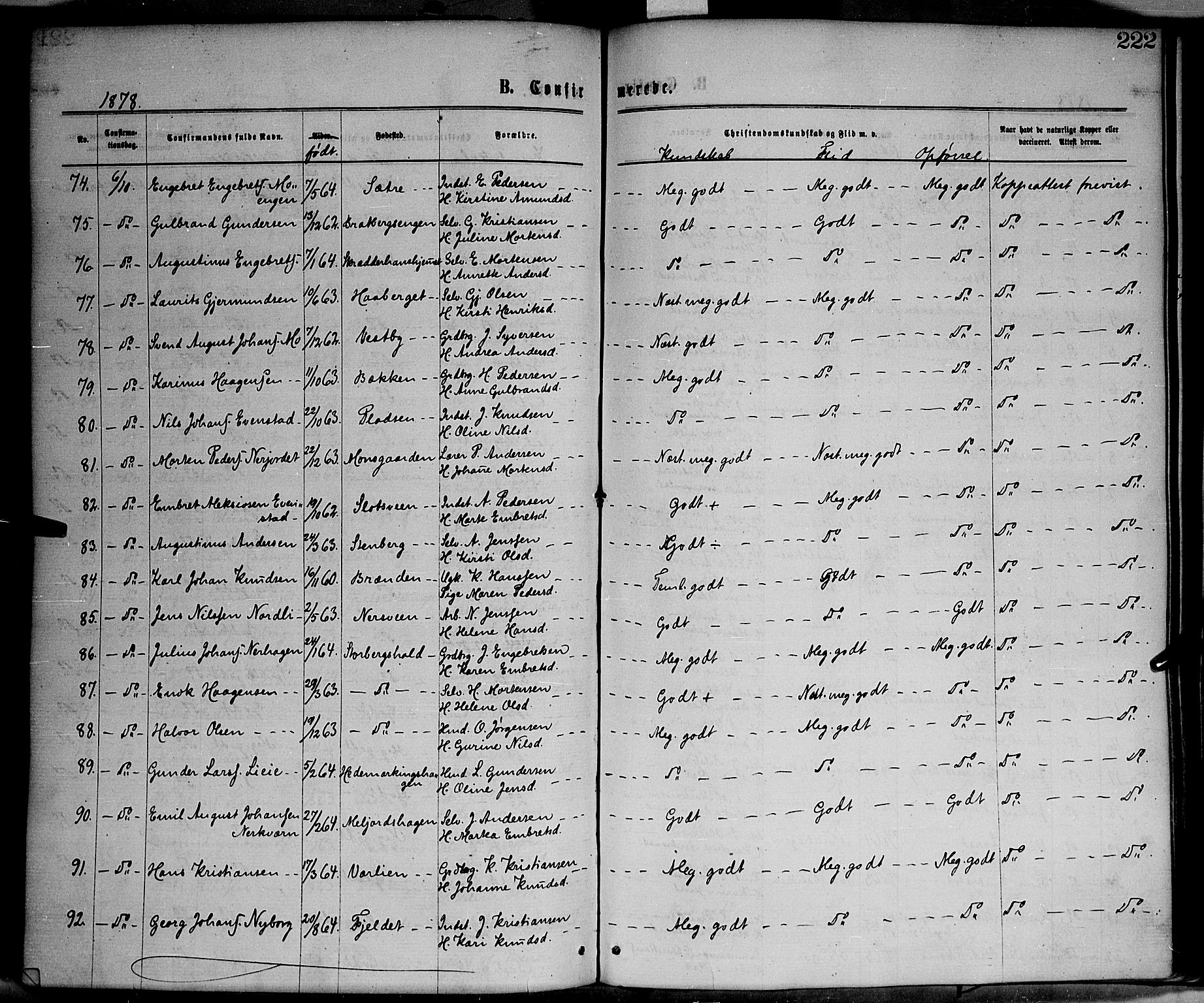 Elverum prestekontor, AV/SAH-PREST-044/H/Ha/Haa/L0011: Parish register (official) no. 11, 1869-1879, p. 222