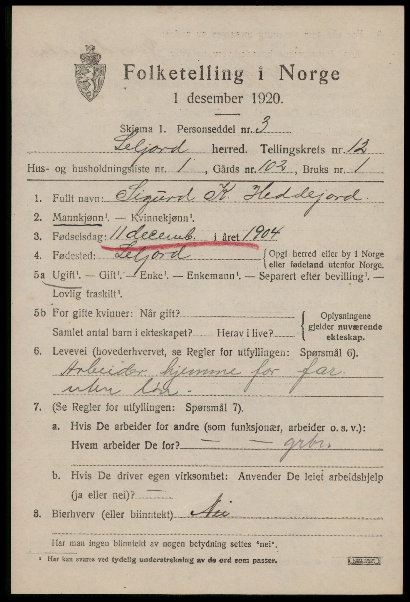 SAKO, 1920 census for Seljord, 1920, p. 5758