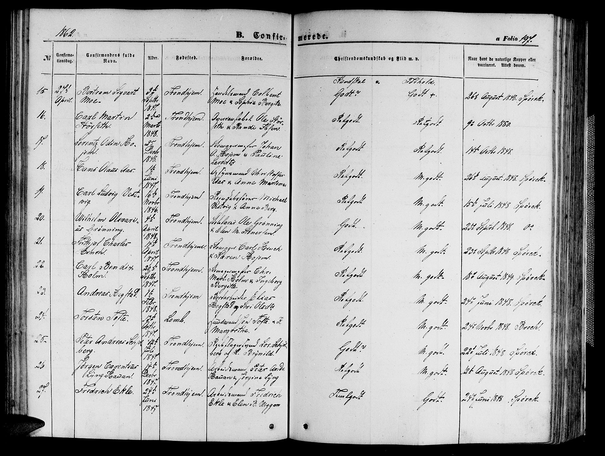 Ministerialprotokoller, klokkerbøker og fødselsregistre - Sør-Trøndelag, SAT/A-1456/602/L0139: Parish register (copy) no. 602C07, 1859-1864, p. 197