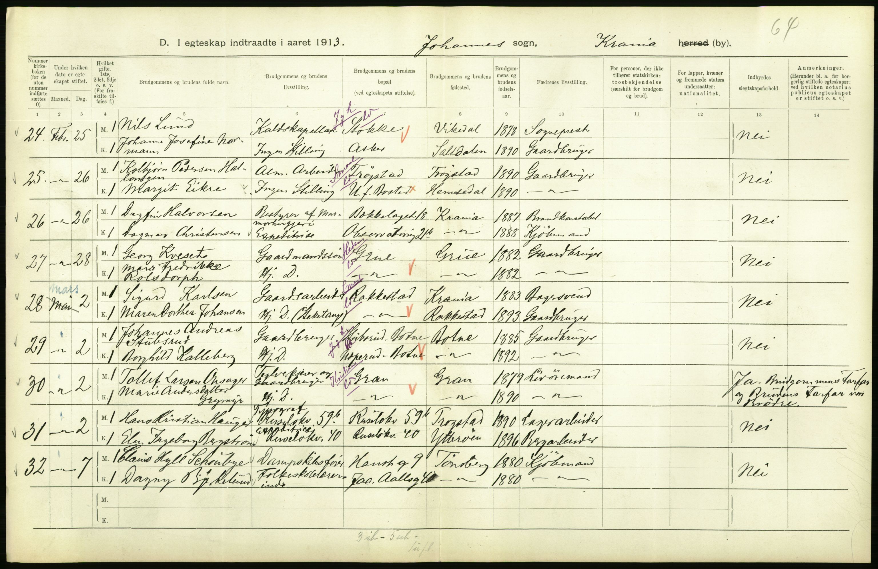 Statistisk sentralbyrå, Sosiodemografiske emner, Befolkning, AV/RA-S-2228/D/Df/Dfb/Dfbc/L0008: Kristiania: Gifte., 1913, p. 748