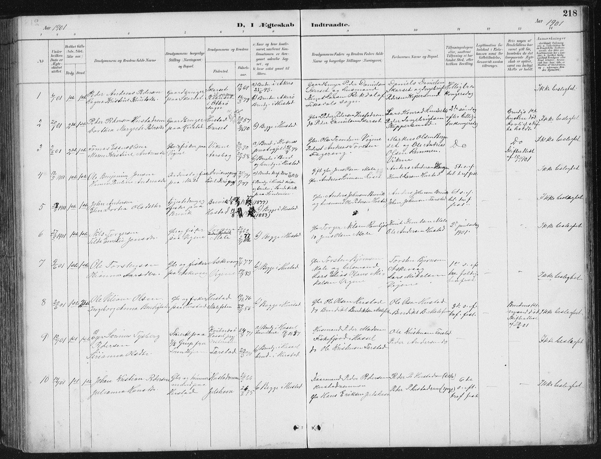 Ministerialprotokoller, klokkerbøker og fødselsregistre - Møre og Romsdal, AV/SAT-A-1454/567/L0783: Parish register (copy) no. 567C03, 1887-1903, p. 218