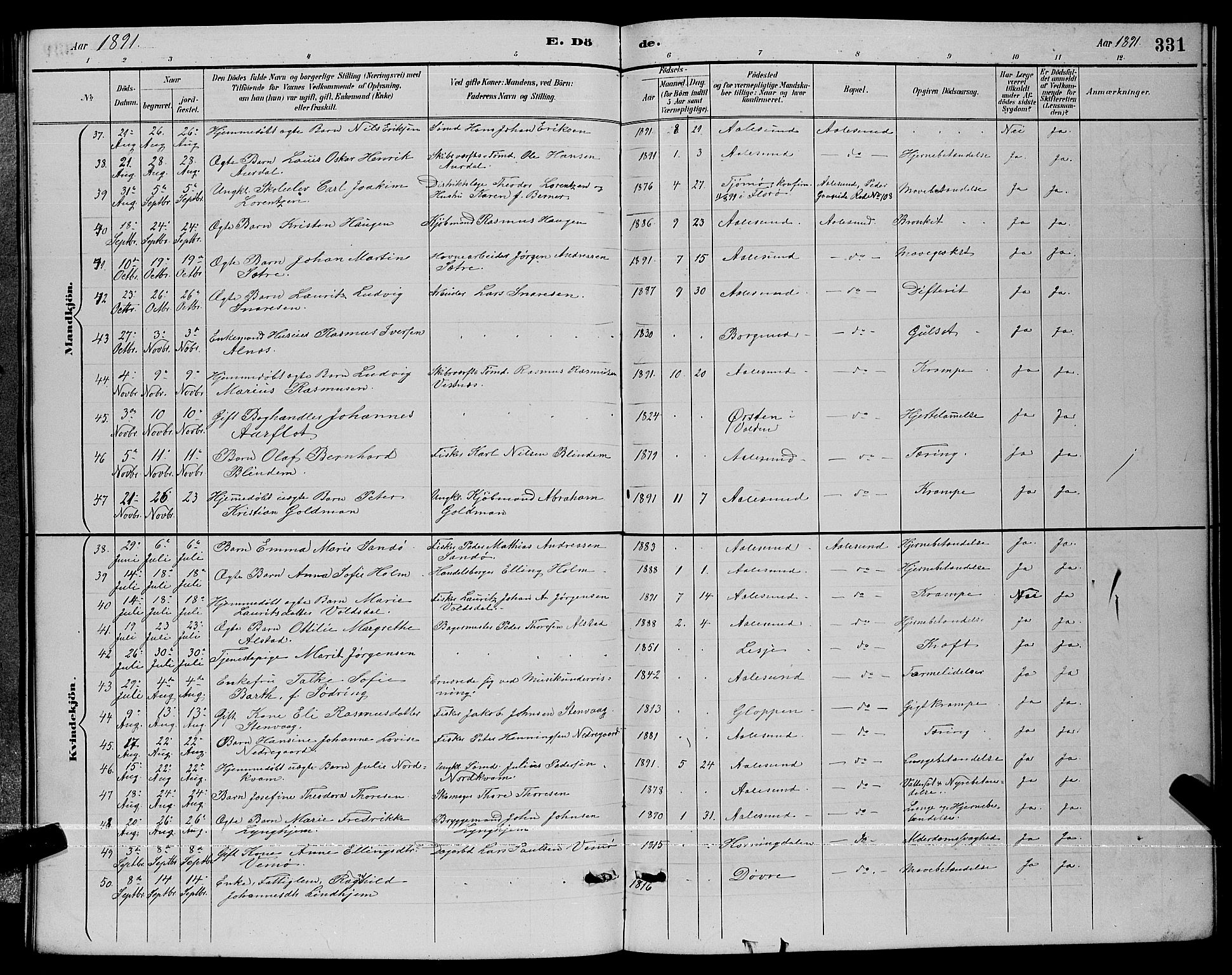 Ministerialprotokoller, klokkerbøker og fødselsregistre - Møre og Romsdal, AV/SAT-A-1454/529/L0467: Parish register (copy) no. 529C04, 1889-1897, p. 331