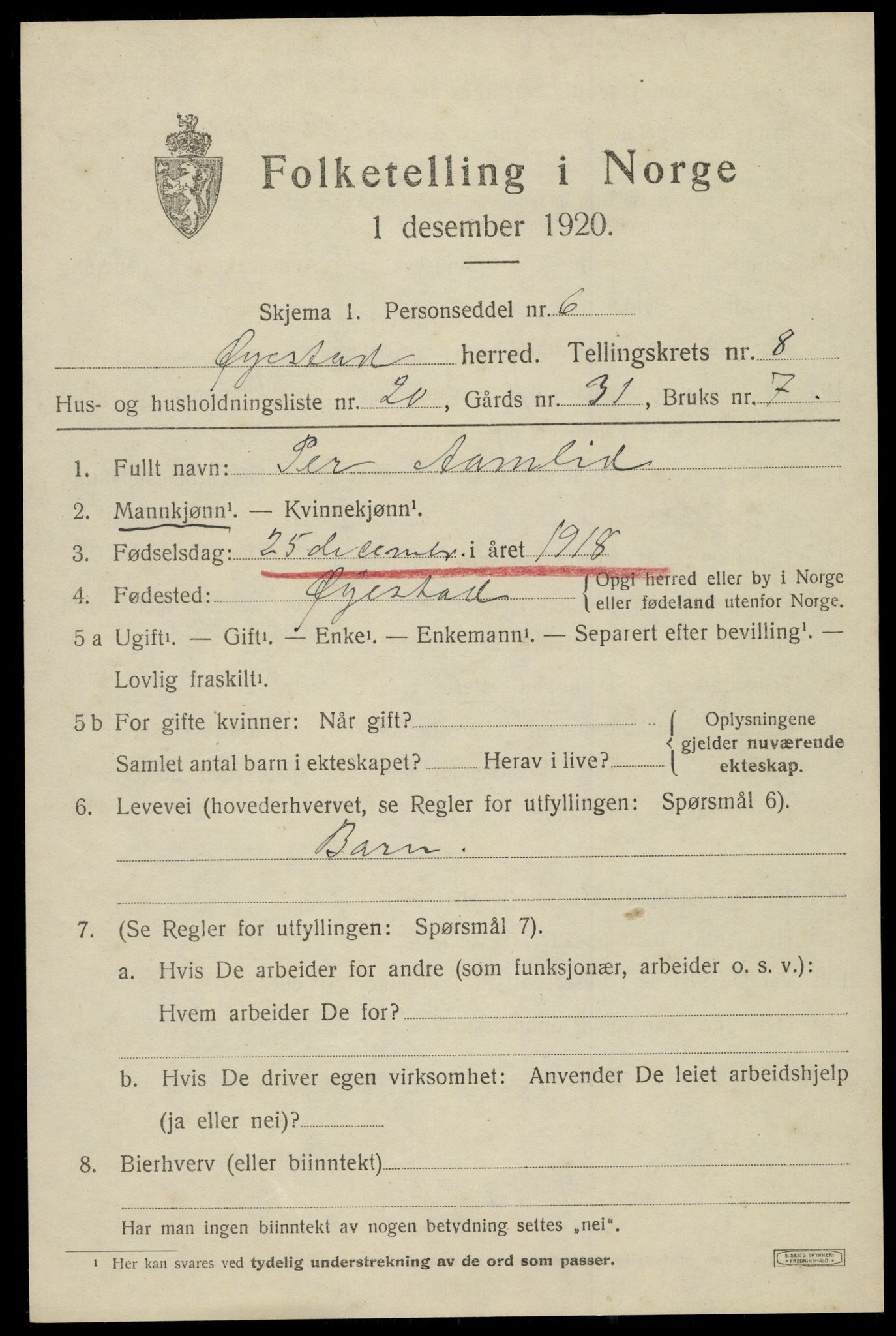 SAK, 1920 census for Øyestad, 1920, p. 5408