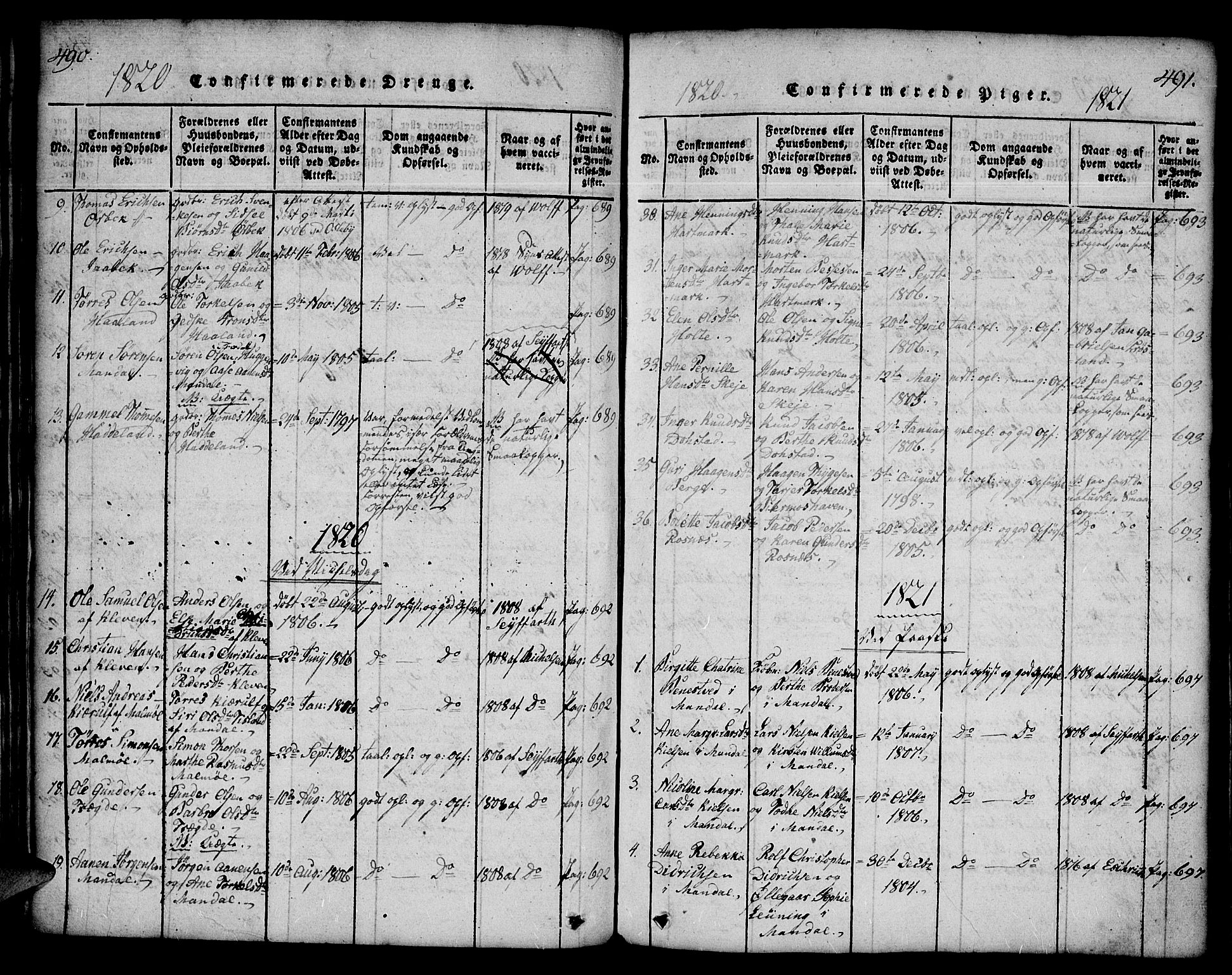 Mandal sokneprestkontor, SAK/1111-0030/F/Fa/Faa/L0010: Parish register (official) no. A 10, 1817-1830, p. 490-491