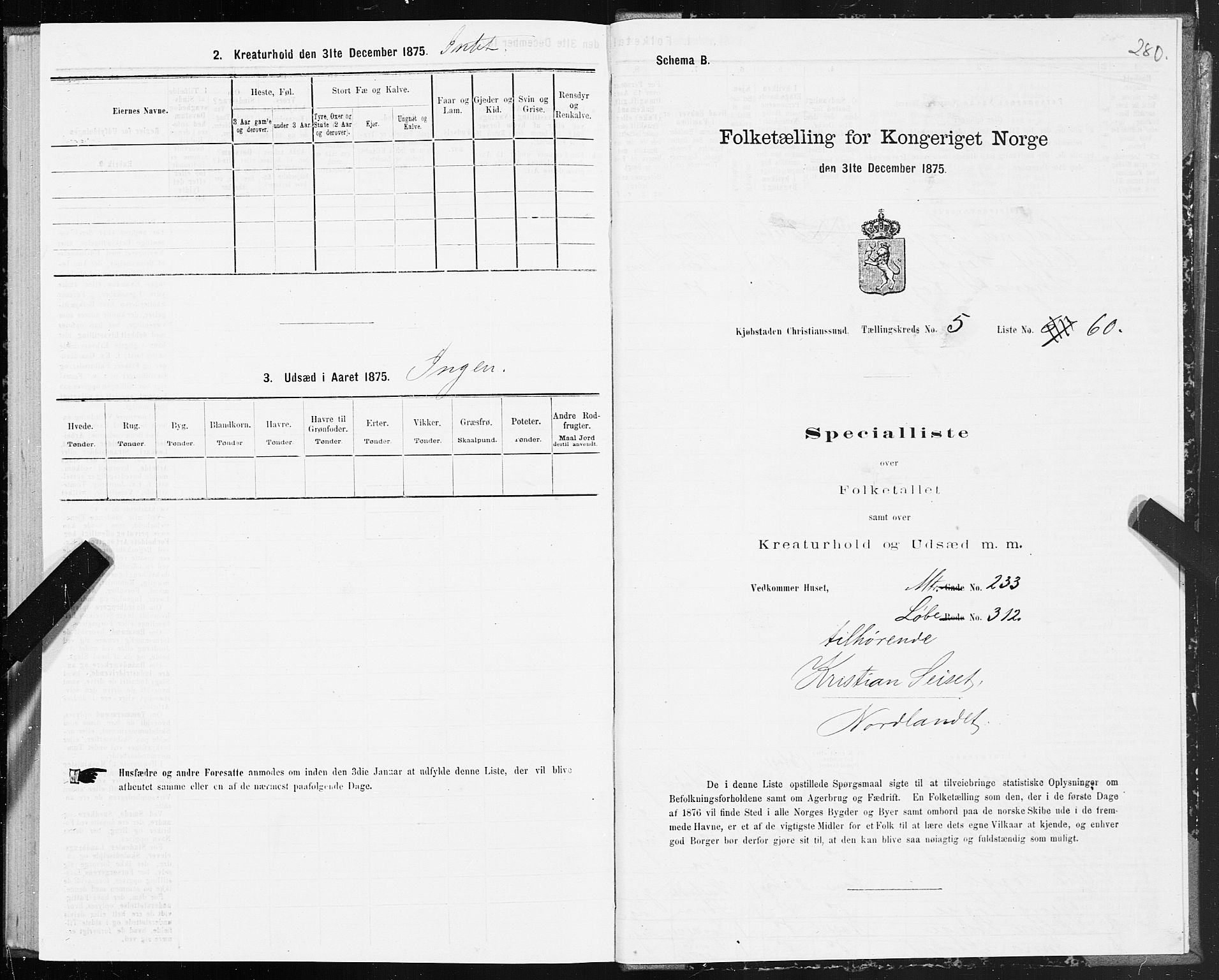 SAT, 1875 census for 1503B Kristiansund/Kristiansund, 1875, p. 4280